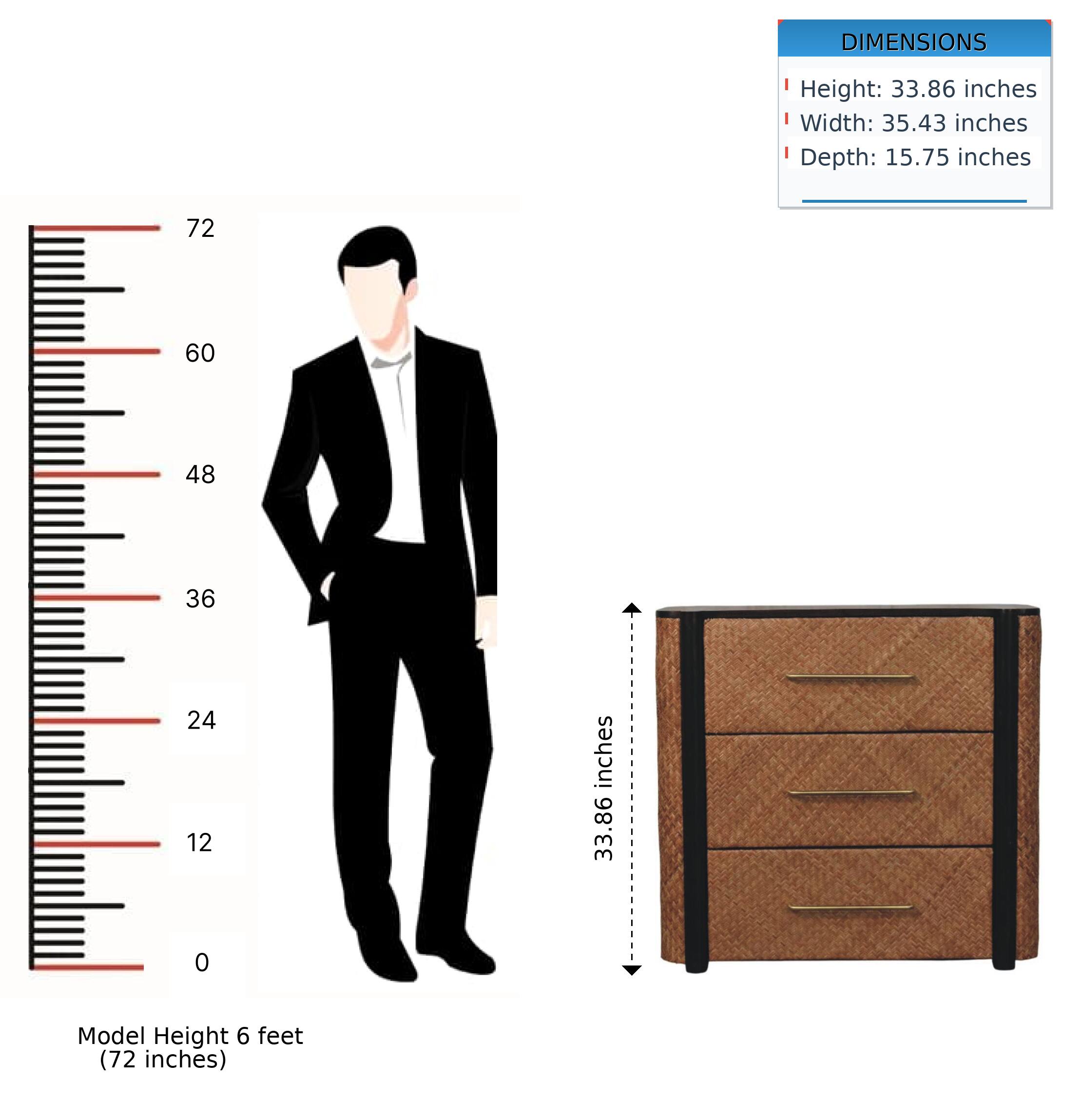 DIMENSIONS  
Height: 33.86 inches  
Width: 35.43 inches  
Depth: 15.75 inches  

Model Height 6 feet (72 inches)