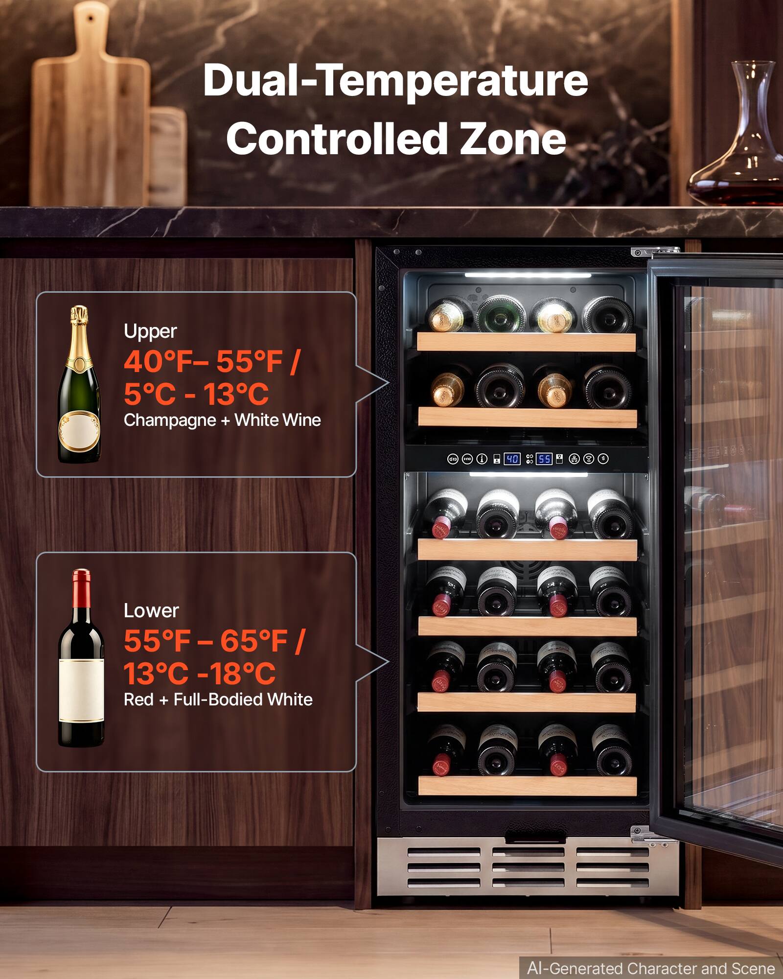 Dual-Temperature Controlled Zone

Upper
40°F - 55°F / 5°C - 13°C
Champagne + White Wine

Lower
55°F - 65°F / 13°C - 18°C
Red + Full-Bodied White

AI-Generated Character and Scene