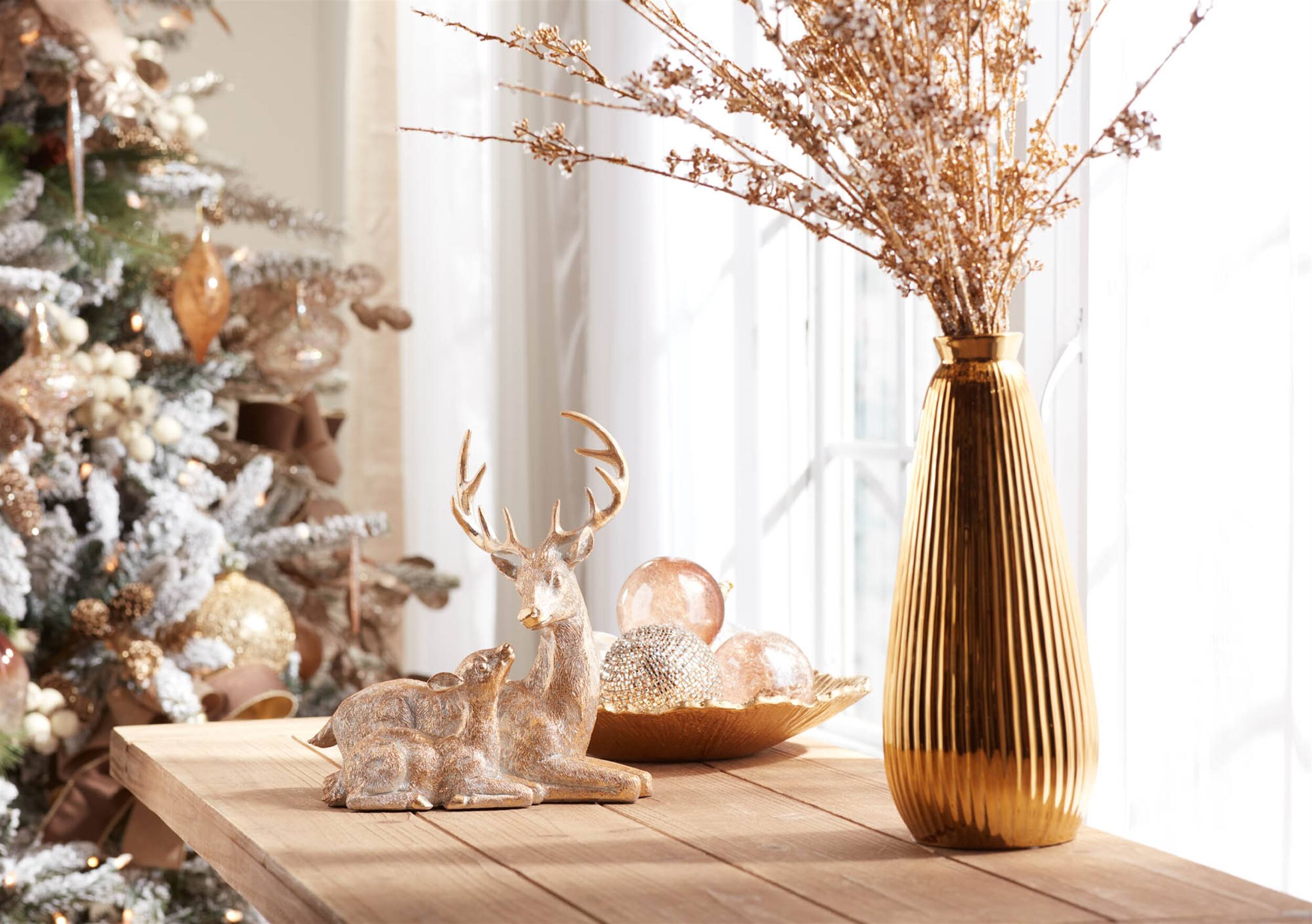 Left. BreeBe - Holiday Deer with Fawn Figurine (Set of 2) - Gold, White.