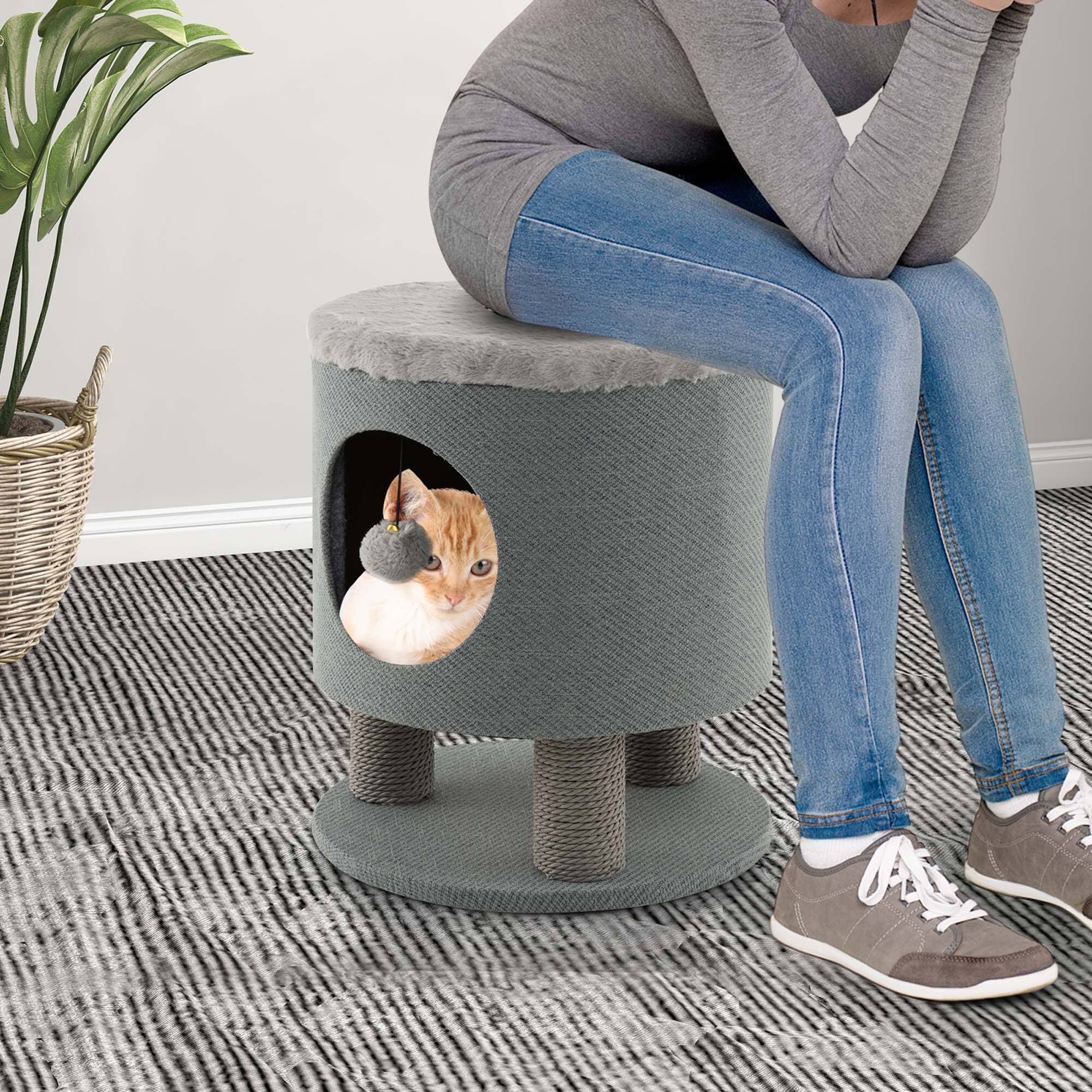 Alt View 3. Costway - Costway 3-IN-1 Cat Condo Stool Kitty Bed with Scratching Posts & Plush Ball Toy.