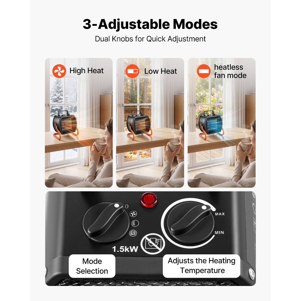 3-Adjustable Modes  
Dual Knobs for Quick Adjustment

High Heat  
Low Heat  
heatless fan mode

MAX  
MIN

1.5kW Mode Selection  
Adjusts the Heating Temperature