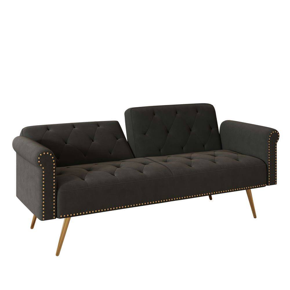 Back. Kadyn - 69.7" Velvet Sofa Bed with Nail Head Trim & Matching Throw Pillow - Black.