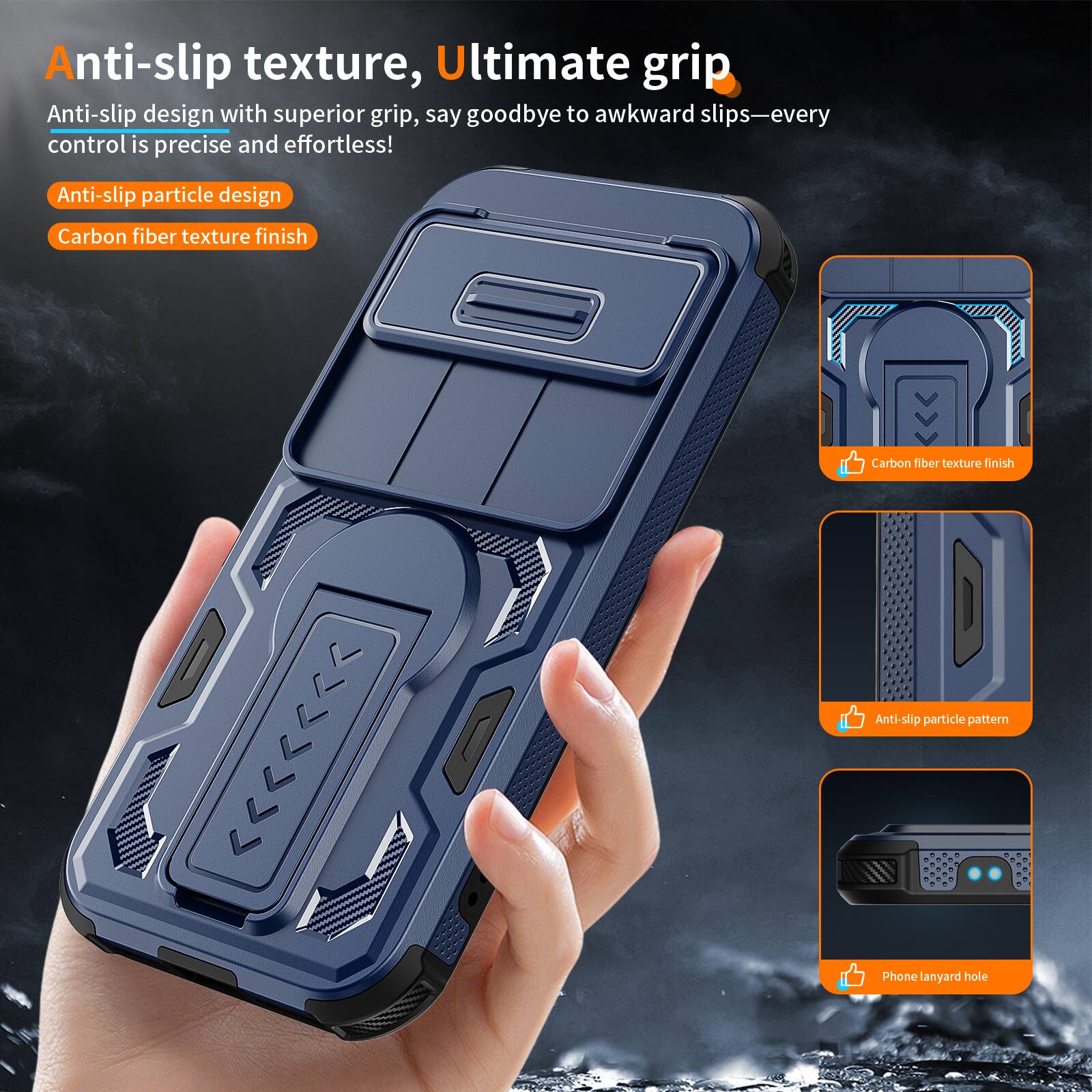 Anti-slip texture, Ultimate grip

Anti-slip design with superior grip, say goodbye to awkward slips—every control is precise and effortless!

Anti-slip particle design
Carbon fiber texture finish

Carbon fiber texture finish
Anti-slip particle pattern
Phone lanyard hole
