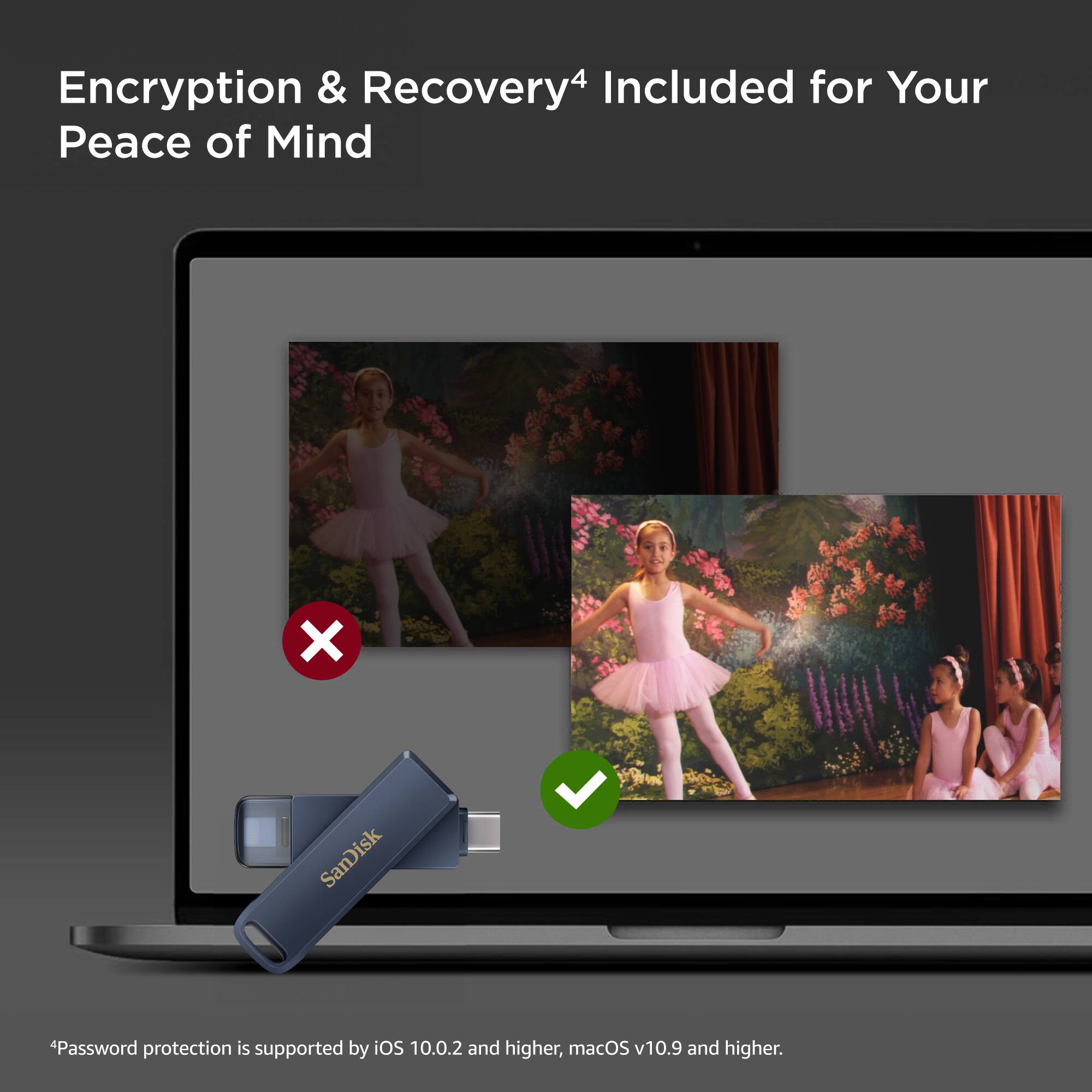 Encryption & Recovery Included for Your Peace of Mind. SanDisk Password protection is supported by iOS 10.0.2 and higher, macOS v10.9 and higher.