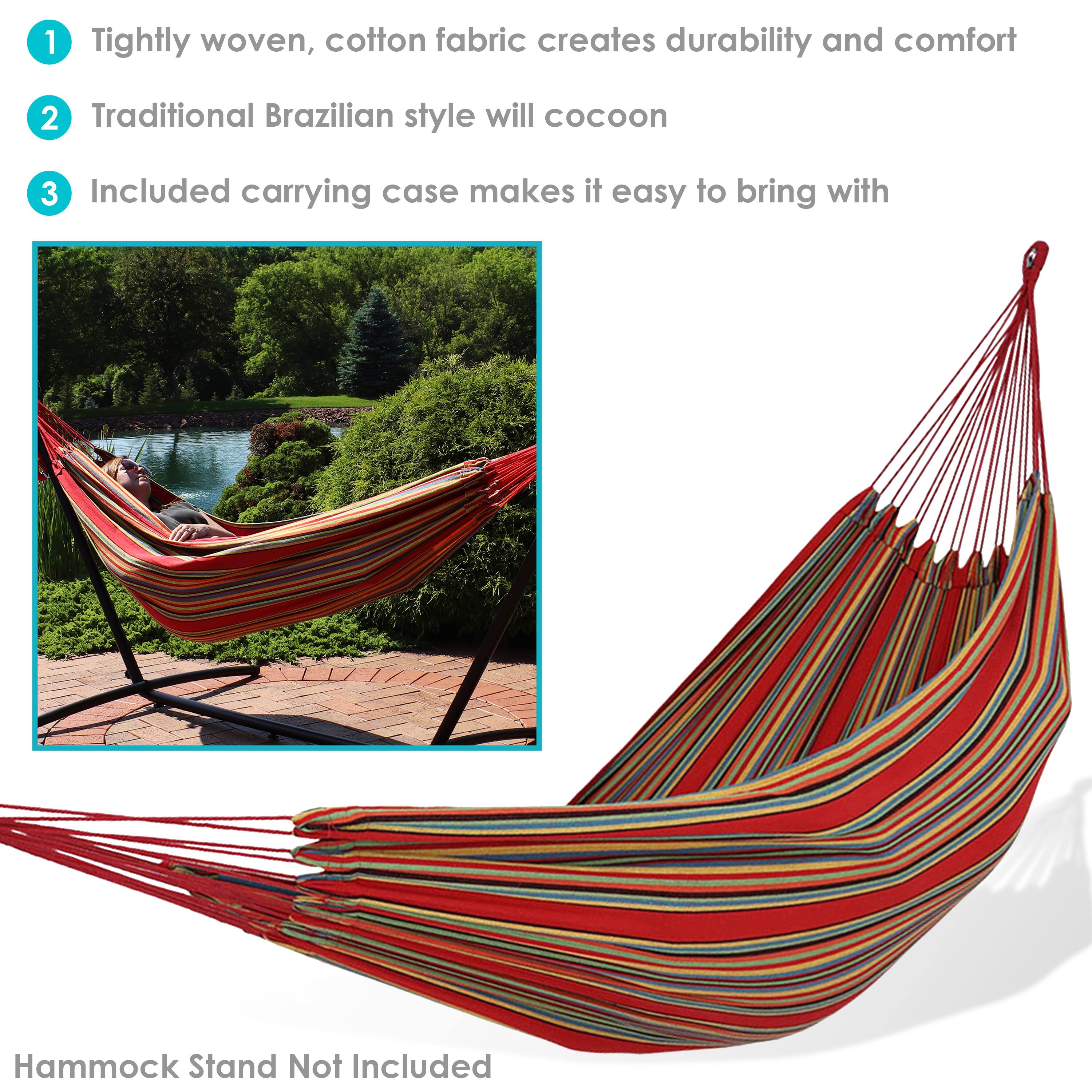 1. Tightly woven, cotton fabric creates durability and comfort  
2. Traditional Brazilian style will cocoon  
3. Included carrying case makes it easy to bring with  

Hammock Stand Not Included