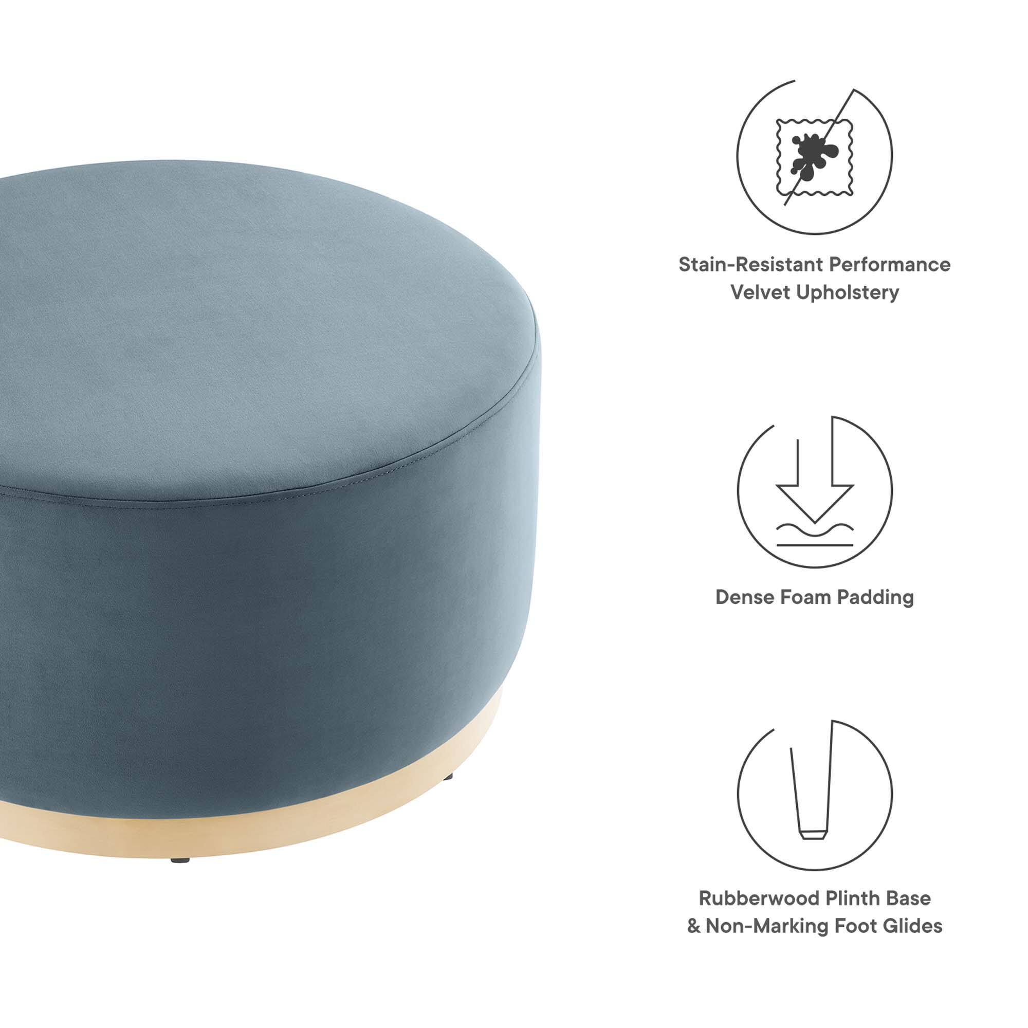 - Stain-Resistant Performance Velvet Upholstery
- Dense Foam Padding
- Rubberwood Plinth Base & Non-Marking Foot Glides