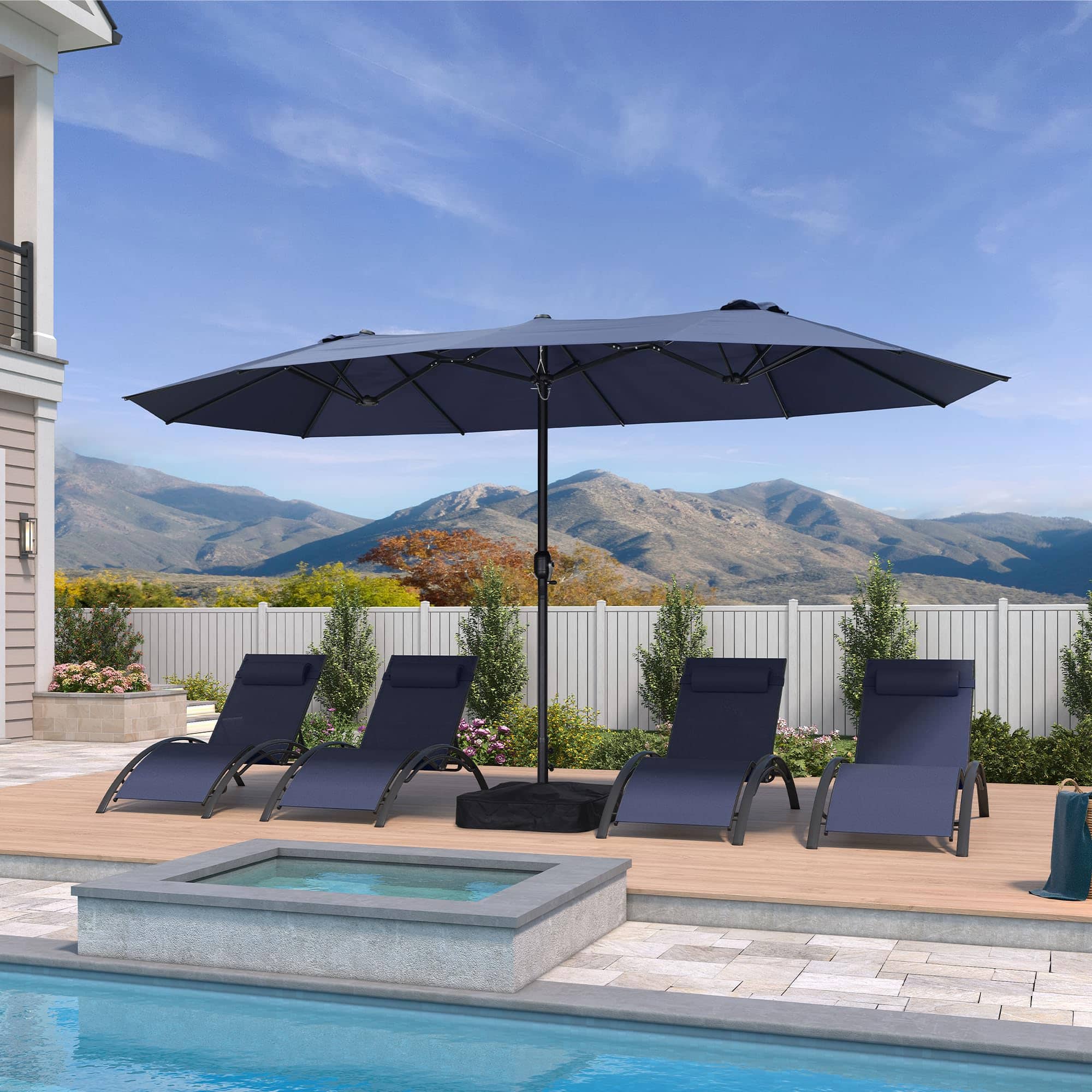 Front. PURPLE LEAF - 14 ft. Patio Market Umbrella with Base Double-Sided Outdoor Table Sun Umbrellas with Crank for Pool Beach Deck Backyard - Navy Blue.