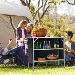 Mondawe - Folding Camping Table w 2-Tier Shelves Aluminum Frame 43.5" Wide 165 lbs for BBQ Picnic - Coffee