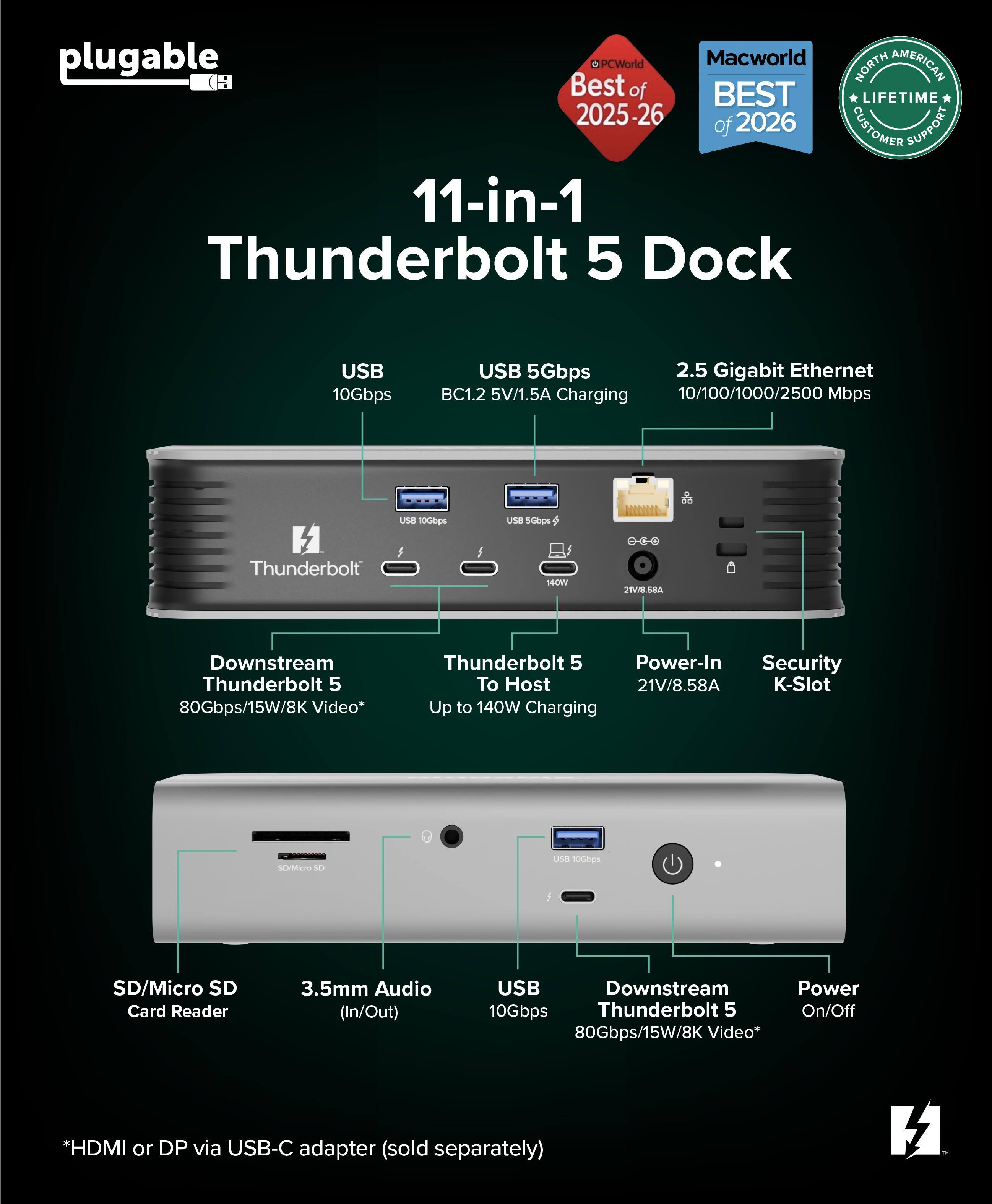 plugable @PCWorld Macworld AMERICAN CH Best NORTH of BEST LIFETIME 2025-26 2026 of CUSTOMER SUPPORT 11-in-1 Thunderbolt 5 Dock USB 10Gbps USB 5Gbps 2.5 Gigabit Ethernet BC1.2 5V/1.5A Charging 10/100/1000/2500 Mbps USB 100ops USE 500ps Thunderbolt 140W JVMA Downstream Thunderbolt 5 80Gbps/15W/8K Video* Thunderbolt 5 Power-In Security To Host 21V/8.58A K-Slot Up to 140W Charging SO/Micaa 10 Uu 100mps 1 SD/Micro SD Card Reader 3.5mm Audio (In/Out) USB Downstream 10Gbps Thunderbolt 5 80Gbps/15W/8K Video* Power On/Off *HDMI or DP via USB-C adapter (sold separately)