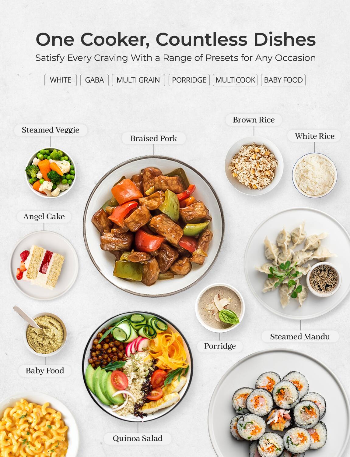 One Cooker, Countless Dishes  
Satisfy Every Craving With a Range of Presets for Any Occasion  

WHITE GABA MULTI GRAIN PORRIDGE MULTICOOK BABY FOOD  

- Steamed Veggie  
- Braised Pork  
- Brown Rice  
- White Rice  
- Angel Cake  
- Baby Food  
- Quinoa Salad  
- Porridge  
- Steamed Mandu