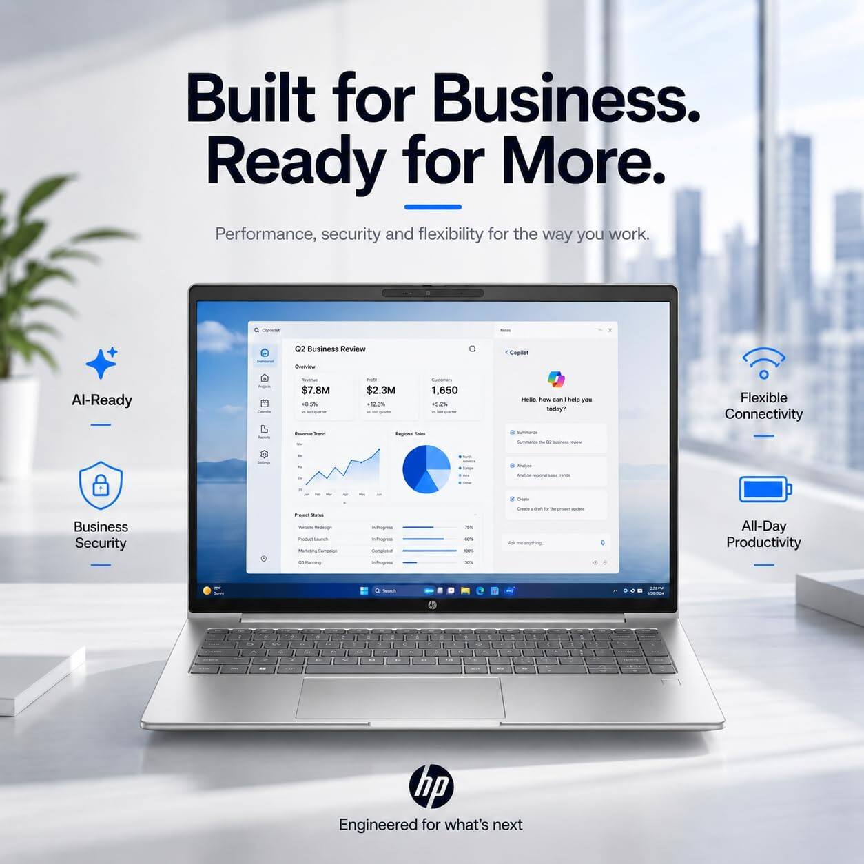 Built for Business. Ready for More.  
Performance, security and flexibility for the way you work.

- AI-Ready
- Business Security
- Flexible Connectivity
- All-Day Productivity

Q2 Business Review  
Overview  
- Revenue: $7.8M +8.5%  
- Customers: $2.3M 1,650 =12.3%  
- Regional Sales: 5.2%  

Hello, how can I help you today?  
- Summary: Summarize Q2 business review  
- Analysis: Analyze regional trends  
- Action: Create a report for the project dashboard  

Project Status  
- In Progress: 37%  
- Completed: 63%  

Engineered for what's next