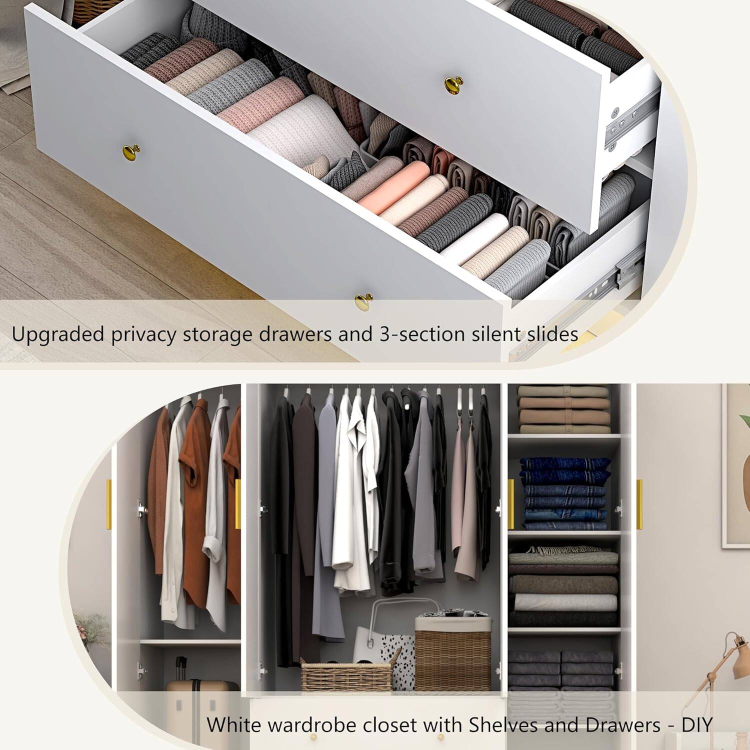 Upgraded privacy storage drawers and 3-section silent slides

White wardrobe closet with Shelves and Drawers - DIY