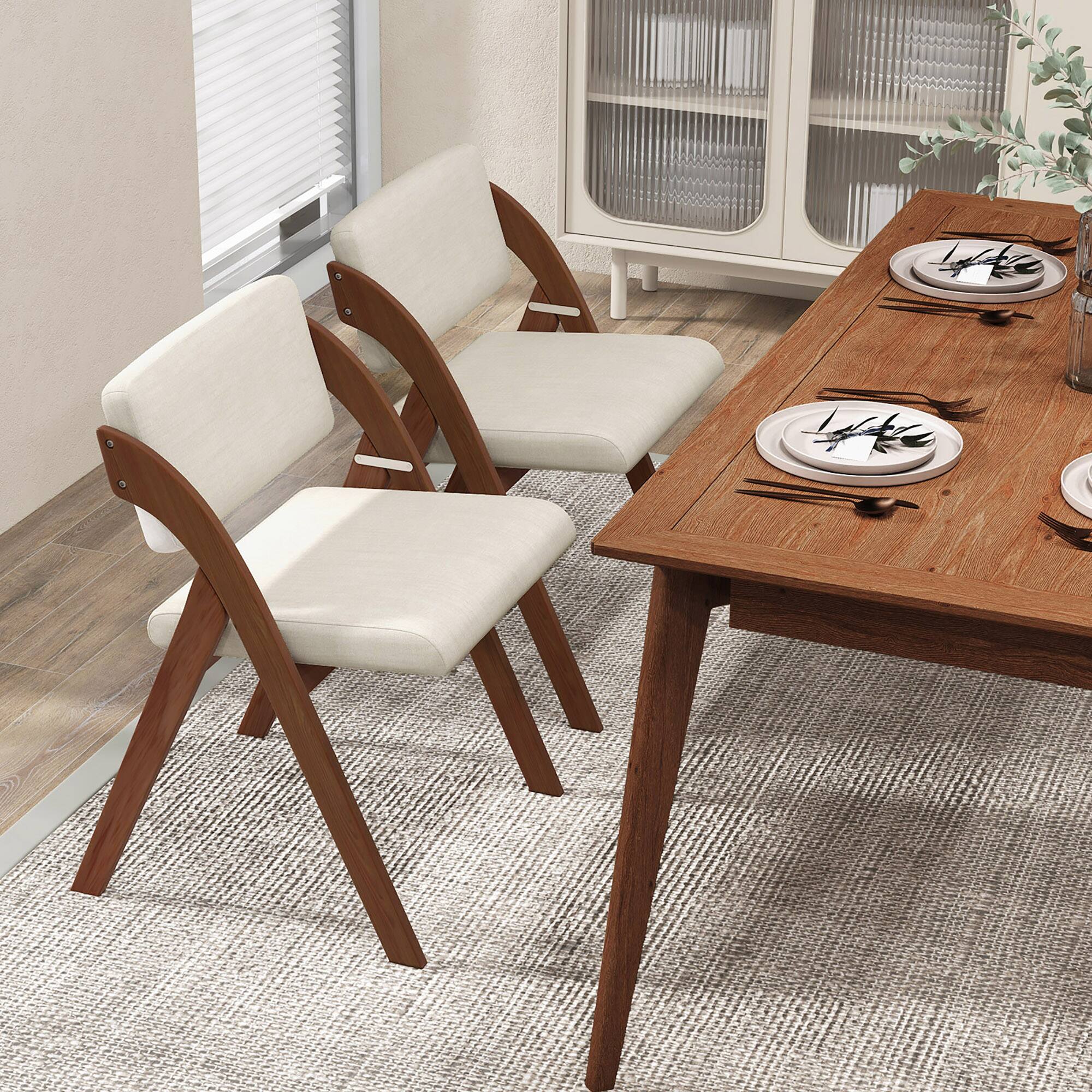 Alt View 8. Gymax - Gymax Set of 2 Dining Chairs Folding Kitchen Chair w/ Rubber Wood Legs Padded Seat Walnut & Beige - Walnut & Beige.