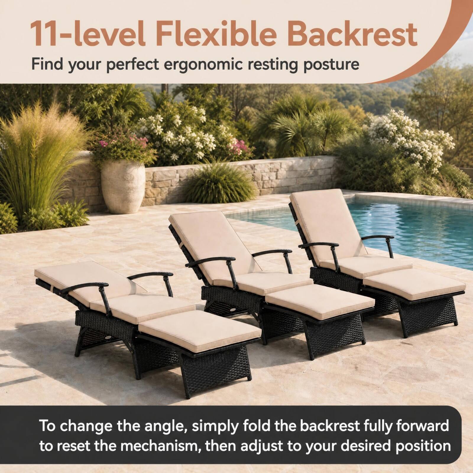 11-level Flexible Backrest  
Find your perfect ergonomic resting posture  

To change the angle, simply fold the backrest fully forward to reset the mechanism, then adjust to your desired position