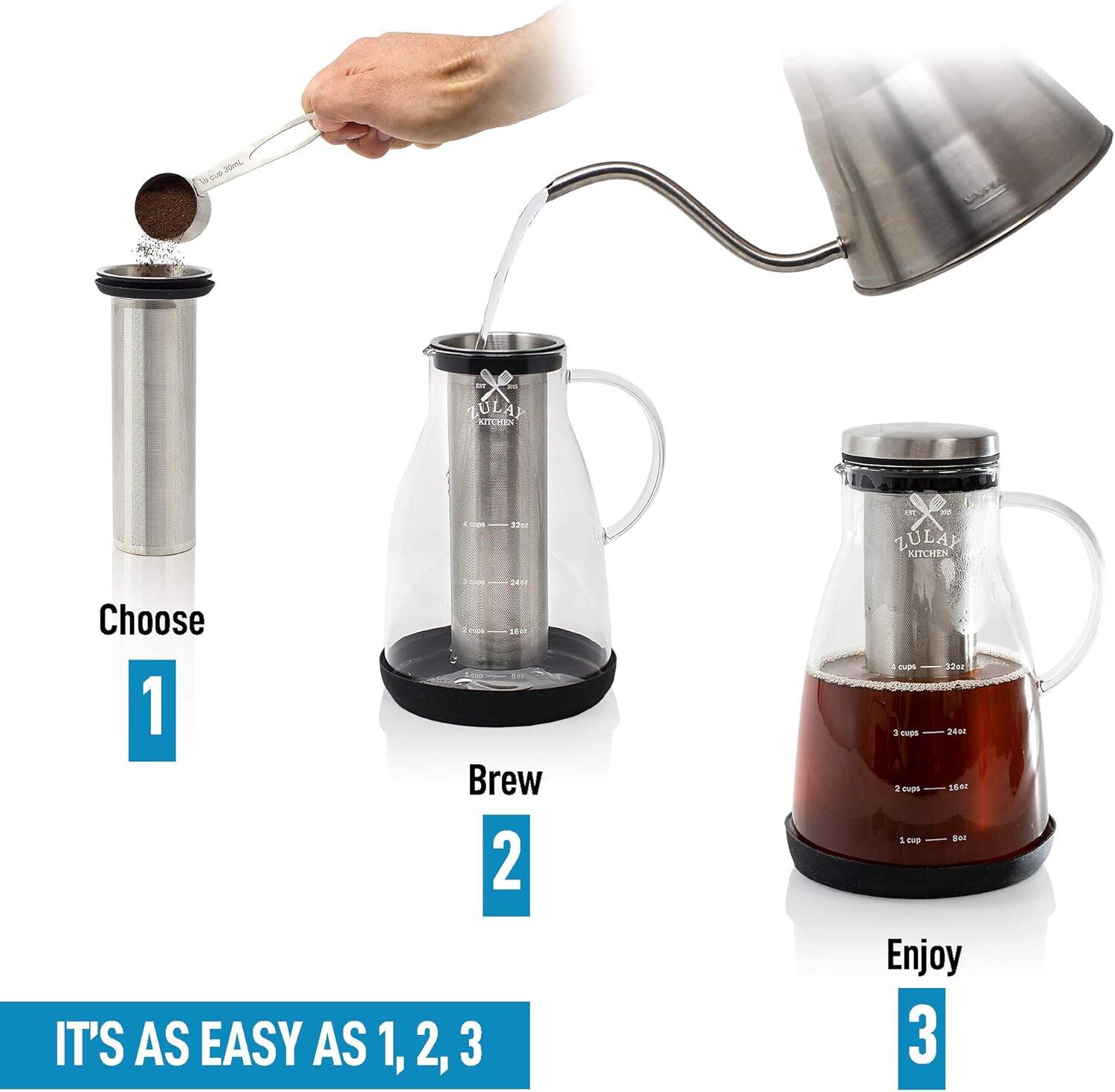 Back. Zulay Kitchen - Zulay Kitchen Airtight Cold Brew Coffee Maker with Glass Carafe, Stainless Steel Mesh Filter and Non-Slip Silicone Base - Silver.