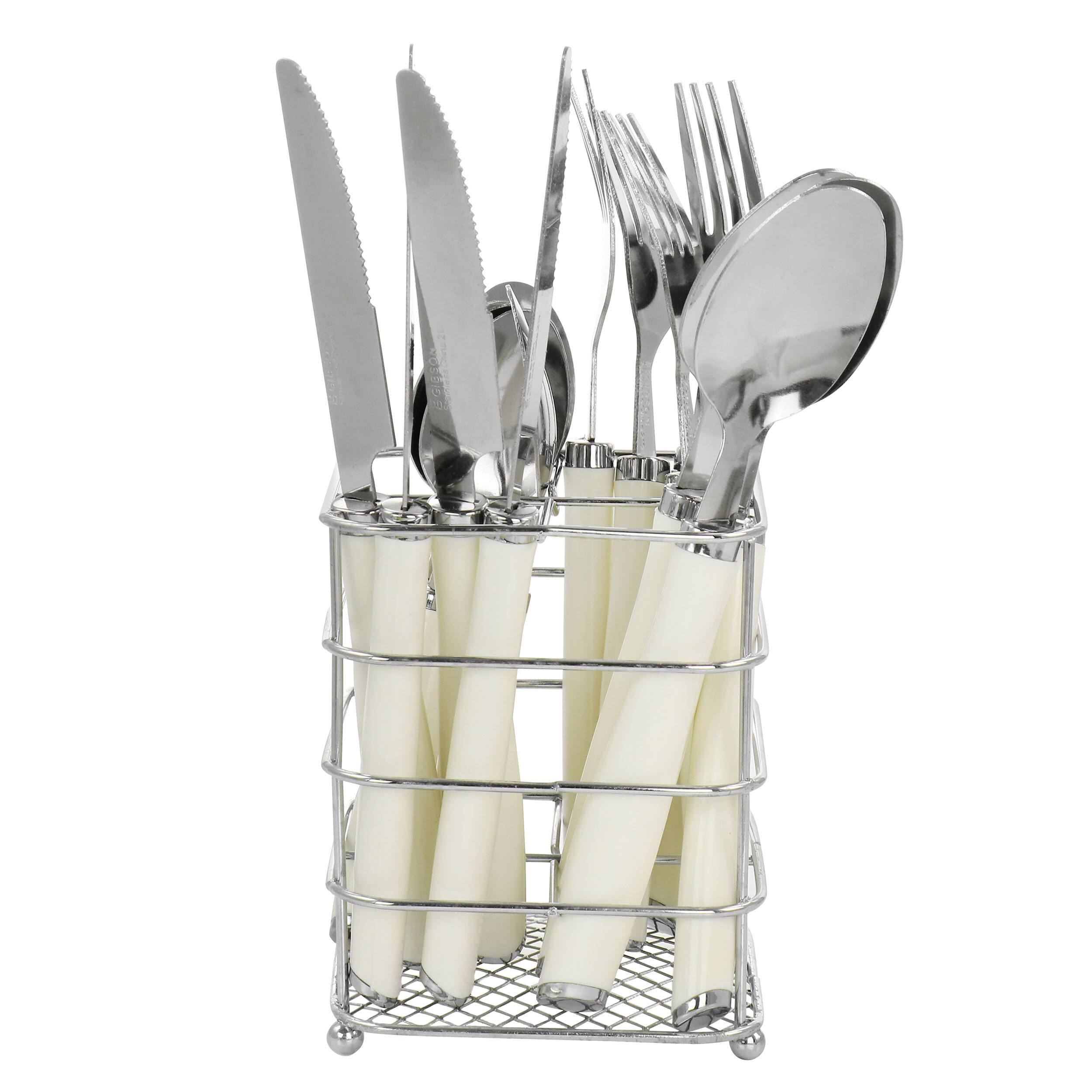 Front. Gibson - Gibson Everyday Fairfield 16 Piece Flatware Set with Wire Caddy in Egg Shell - Egg Shell.