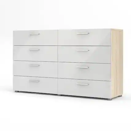 Front. SlickBlue - Modern Bedroom Dresser with 8 Drawers, Finished Sides and Top - White, Oak.