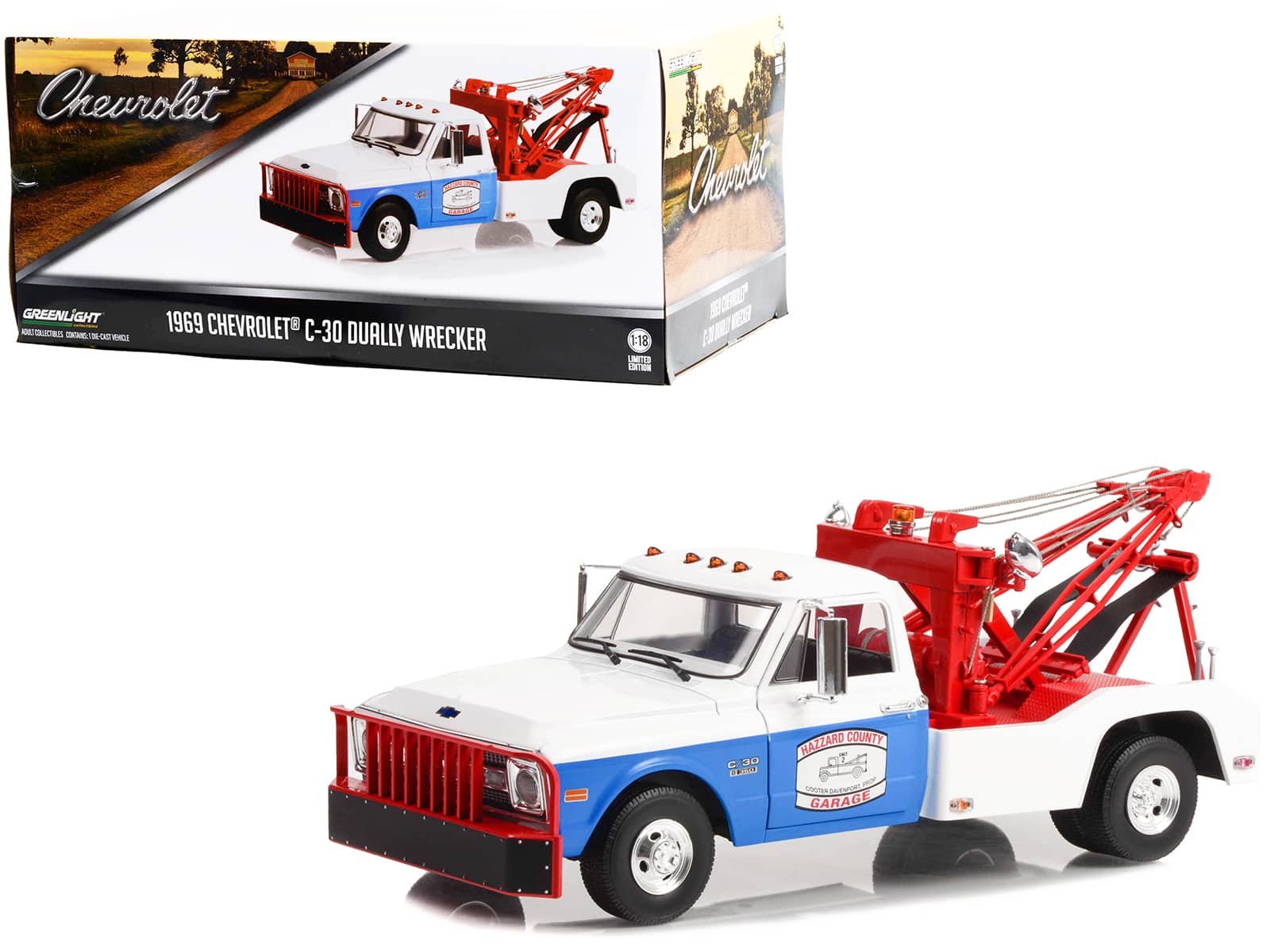 1969 Chevrolet C-30 Dually Wrecker Tow Truck "Hazzard County Garage" 1/18 Diecast Model Car by Greenlight - White and Blue