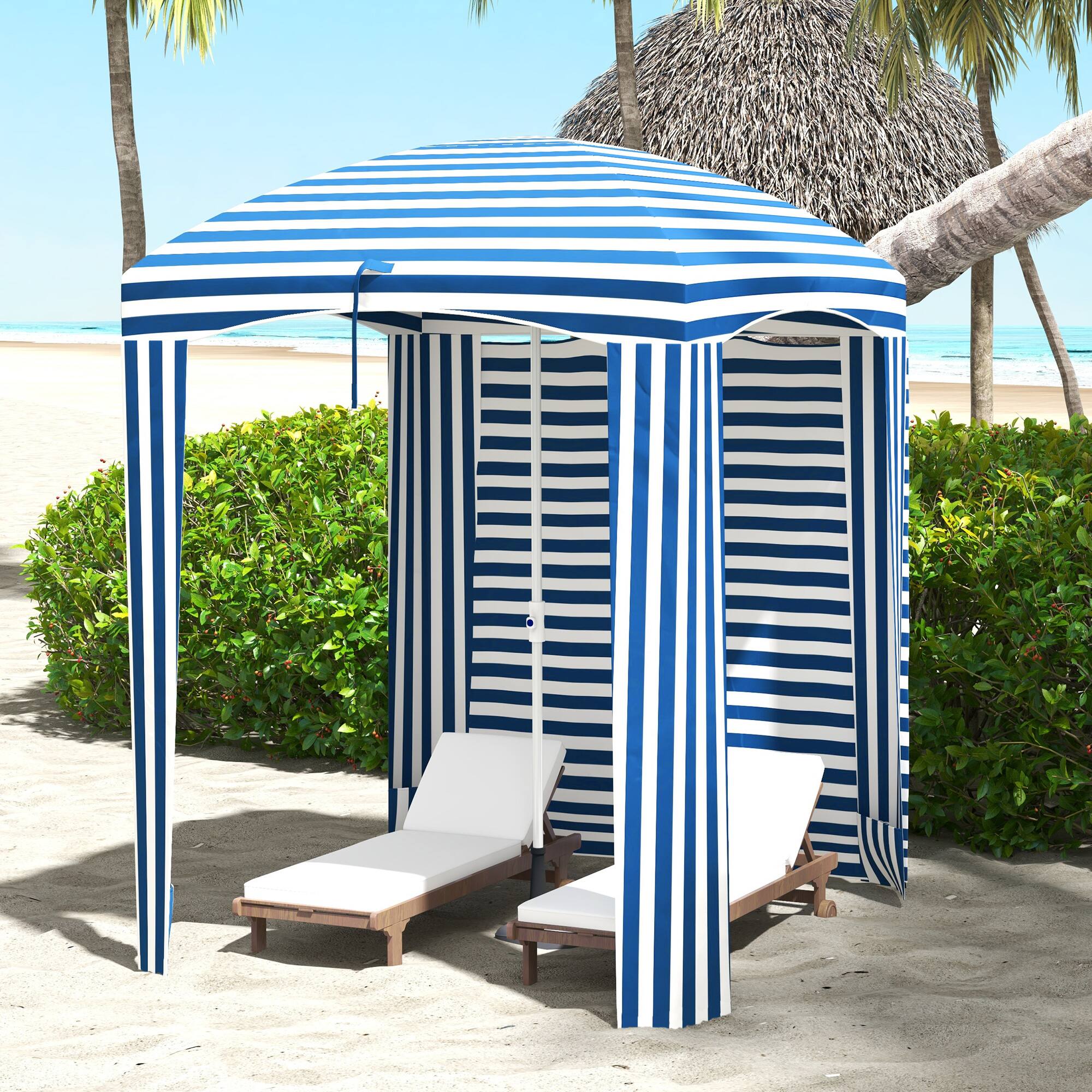 Angle. Outsunny - 5.9' x 5.9' Portable Beach Umbrella, Ruffled Outdoor Cabana with Walls, Vents, Sandbags, Carry Bag - Blue White Strip.