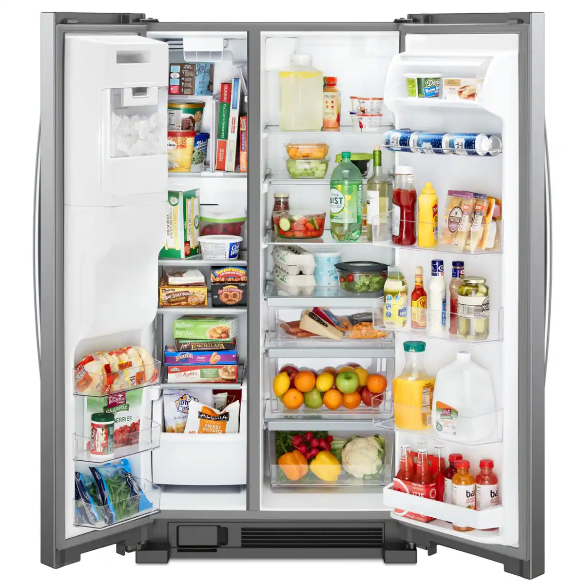 Sure, here is the corrected and grouped text from the image:

---

**Top Shelf:**
- "I E I !"
- "I I S I"
- "Dee - | _ V i .m. UST | m Vefae Bow"
- "S AUS 2"
- "-d H kkdlieu ita SO D A"
- "M FCHILASA"
- "pinta I 2 hylla pode TE anganCa"
- "ERRIES"
- "h 2 ALLSIA IA"
- "SWEET POTACO"
- "ba be"

**Freezer:**
- "KIRKLAND SIGNATURE"
- "KIRKLAND SIGNATURE"
- "KIRKLAND SIGNATURE"
- "KIRKLAND SIGNATURE"
- "KIRKLAND SIGNATURE"
- "KIRKLAND SIGNATURE"
- "KIRKLAND SIGNATURE"
- "KIRKLAND SIGNATURE"
- "KIRKLAND SIGNATURE"
- "KIRKLAND SIGNATURE"
- "KIRKLAND SIGNATURE"
- "KIRKLAND SIGNATURE"
- "KIRKLAND SIGNATURE"
- "KIRKLAND SIGN