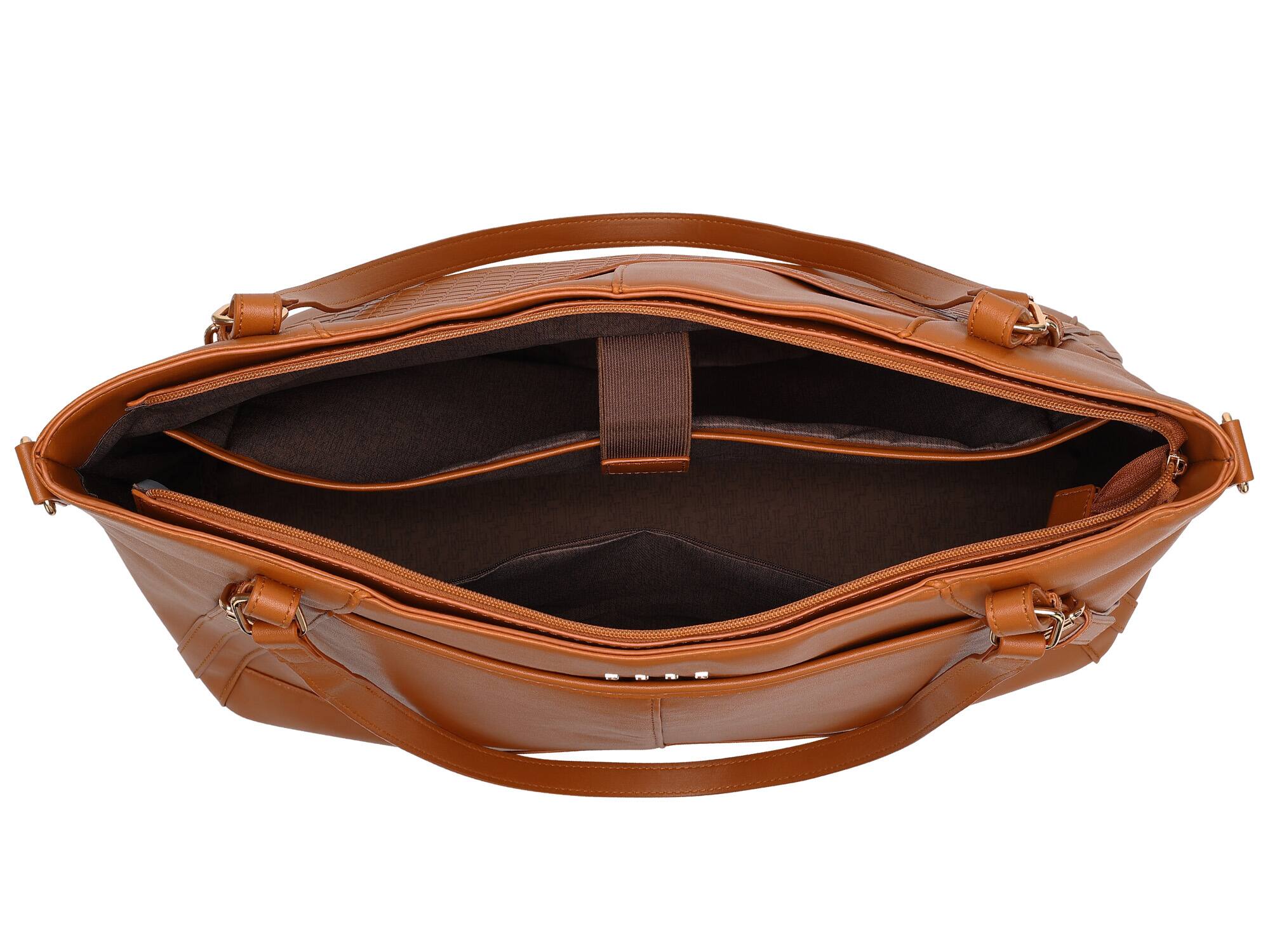 Back. Elle - ELLE Leisure Luxe 33L Vegan Leather Weekender Duffel Bag | Brown - Brown.