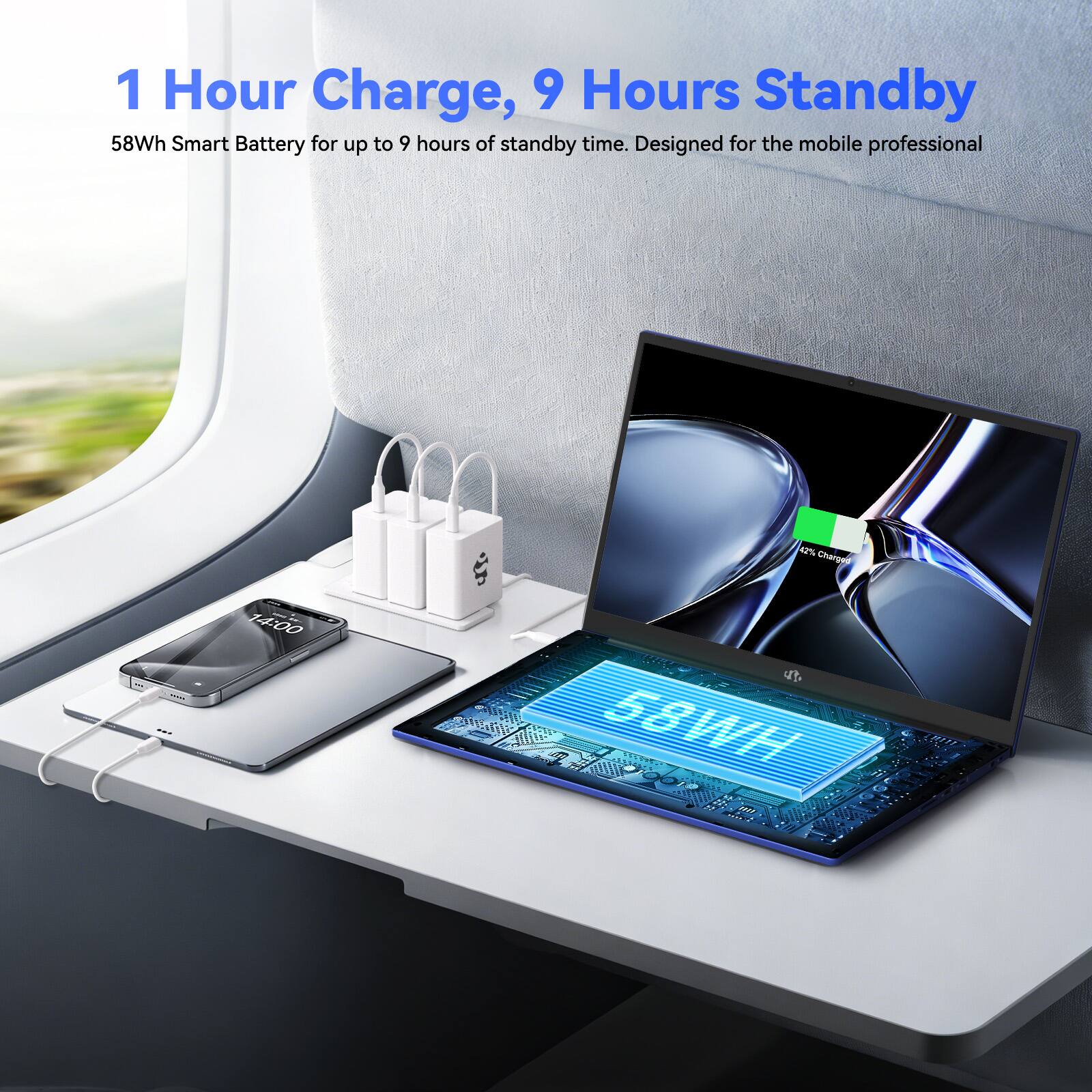 1 Hour Charge, 9 Hours Standby  
58Wh Smart Battery for up to 9 hours of standby time. Designed for the mobile professional
