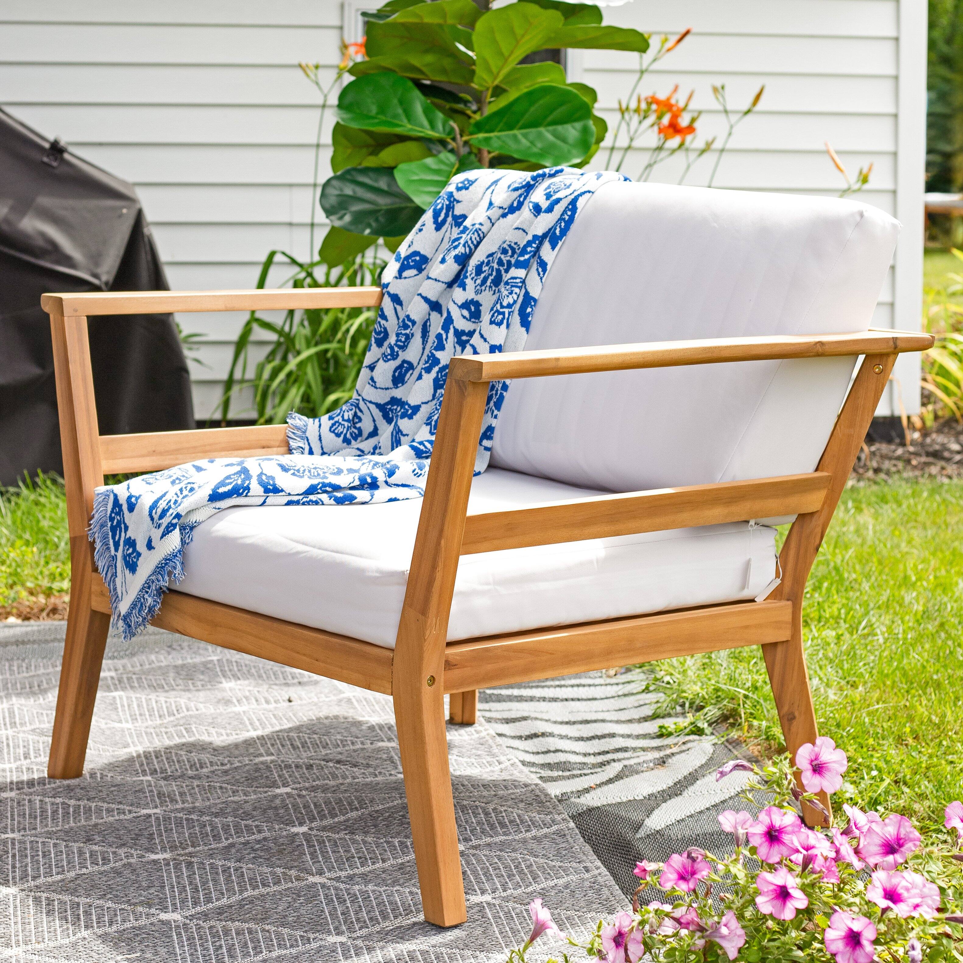 Alt View 9. Sunnydaze - Bodie Acacia Wood Patio Armchair with Cushions - Set of 2 - Natural/Bone White.