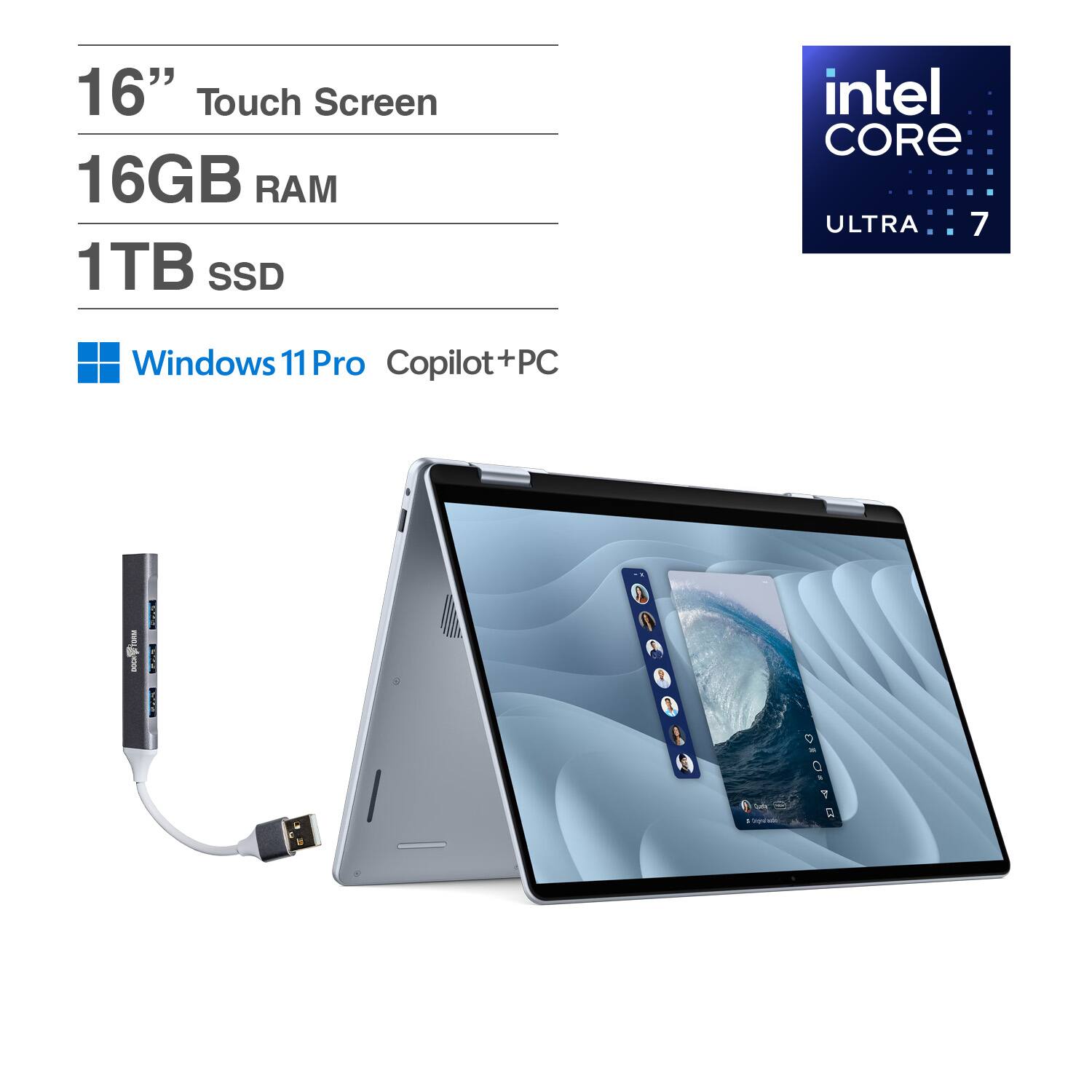 Dell - 16 Plus 2-in-1 Laptop 16.0 WUXGA (Intel Ultra 7-256V, 16GB LPDDR5X, 1TB M.2 PCIe SSD, Win 11 Pro) w/USB Hub - Ice Blue