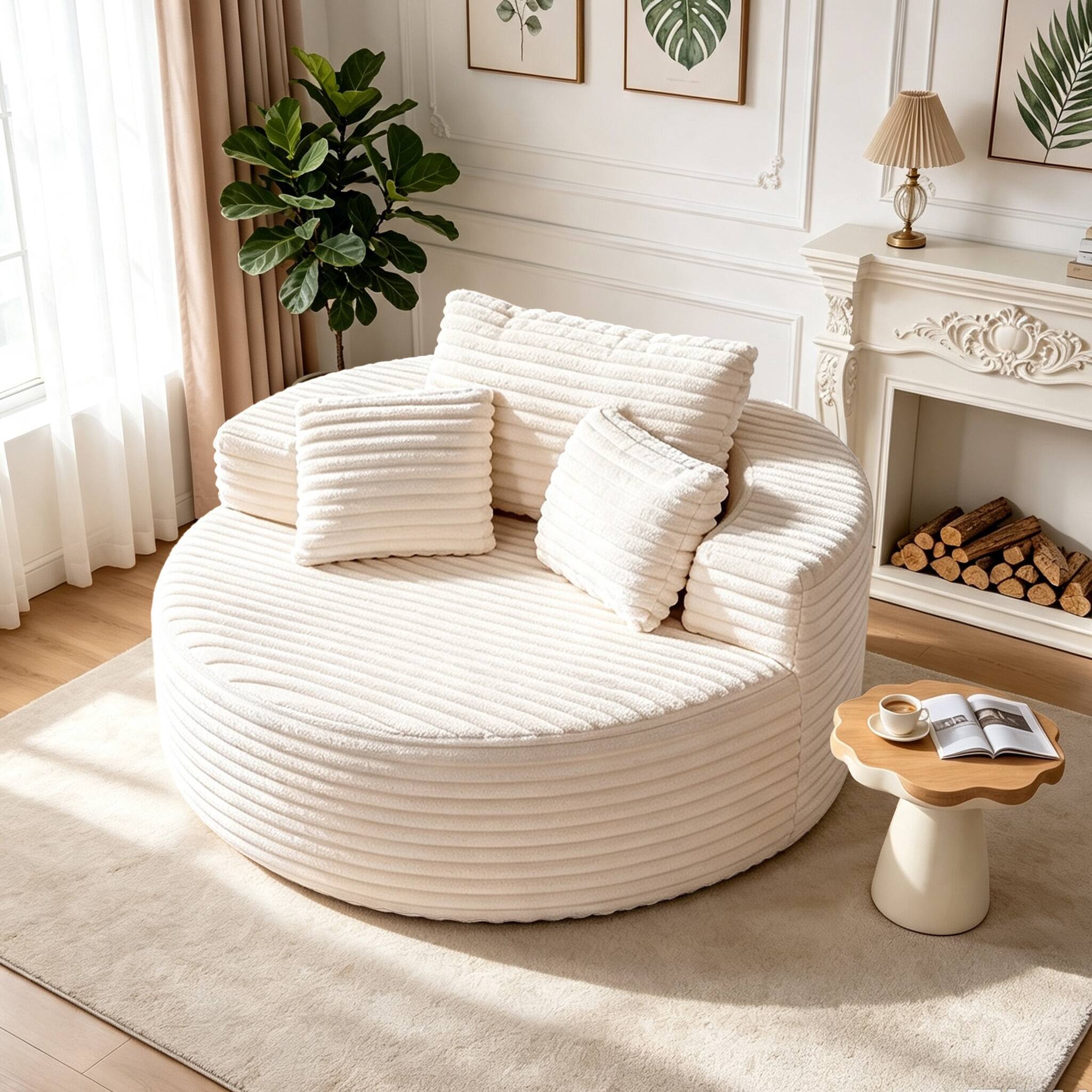 Angle. Electra Tech Xpress - 55"Oversized Round Chaise Longue Chair, Boneless Chair, No Assembly Required - Beige white.