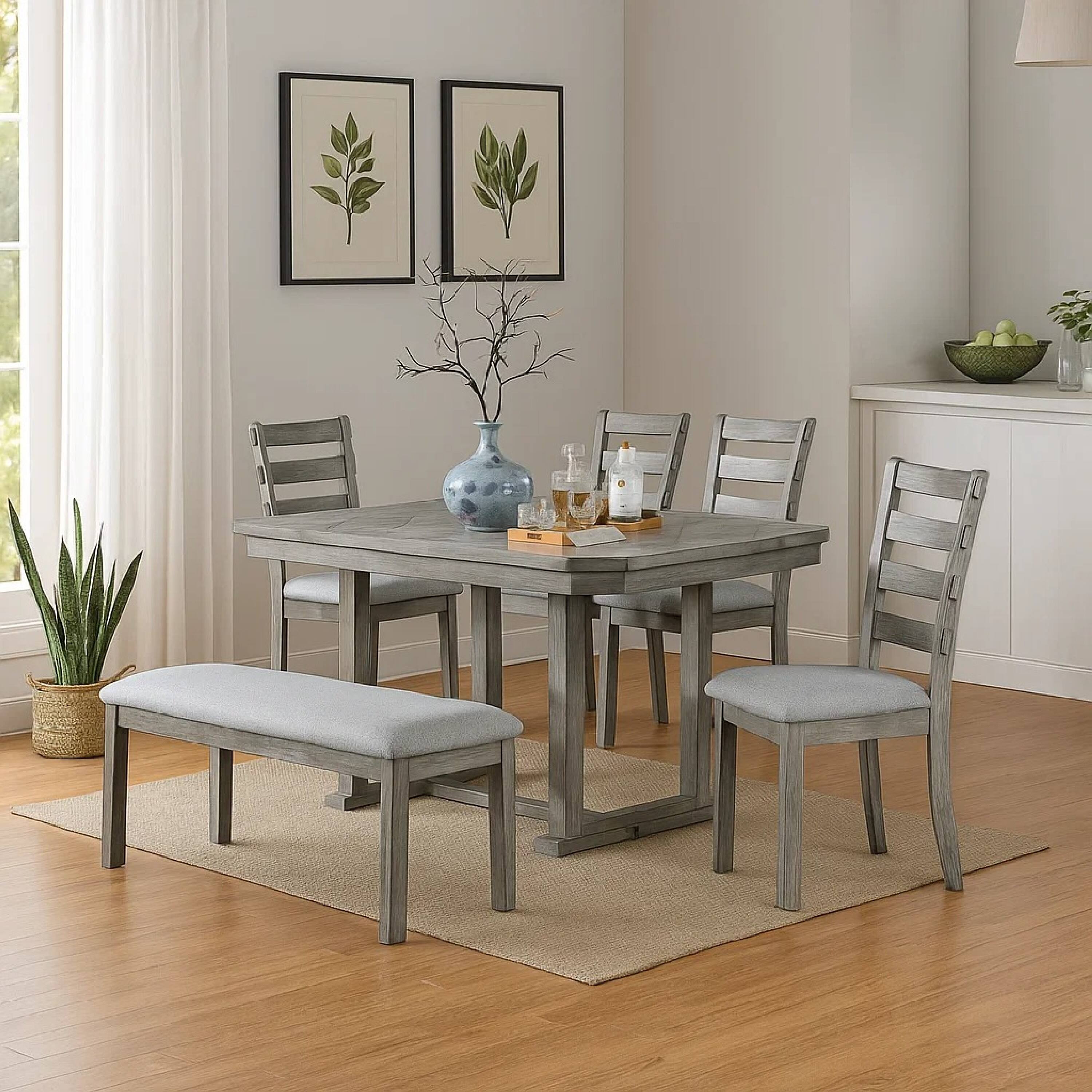 Alt View 5. Manhattan Lane - Lais 6pc Dining Table Set with Bench, 4 Ladderback Chairs - Gray.