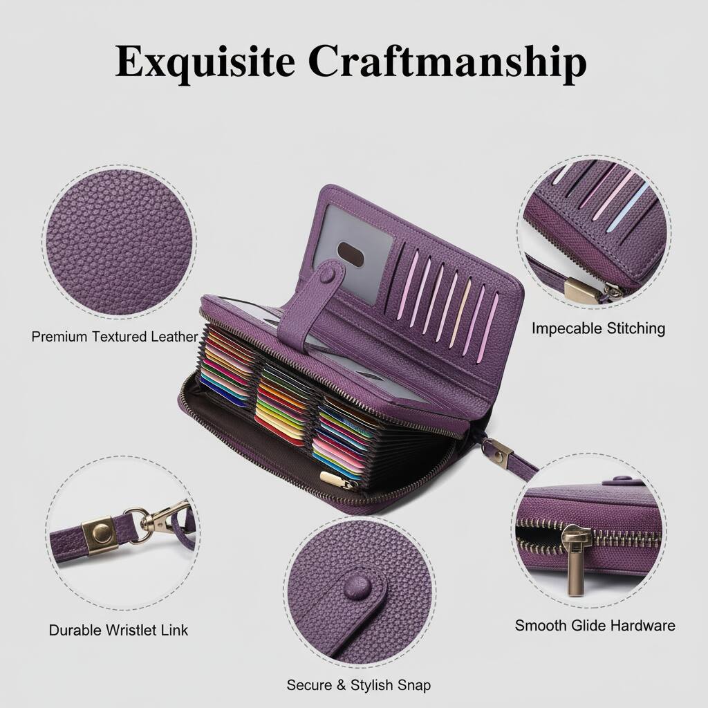 Exquisite Craftmanship

- Premium Textured Leather
- Impeccable Stitching
- Durable Wristlet Link
- Smooth Glide Hardware
- Secure & Stylish Snap