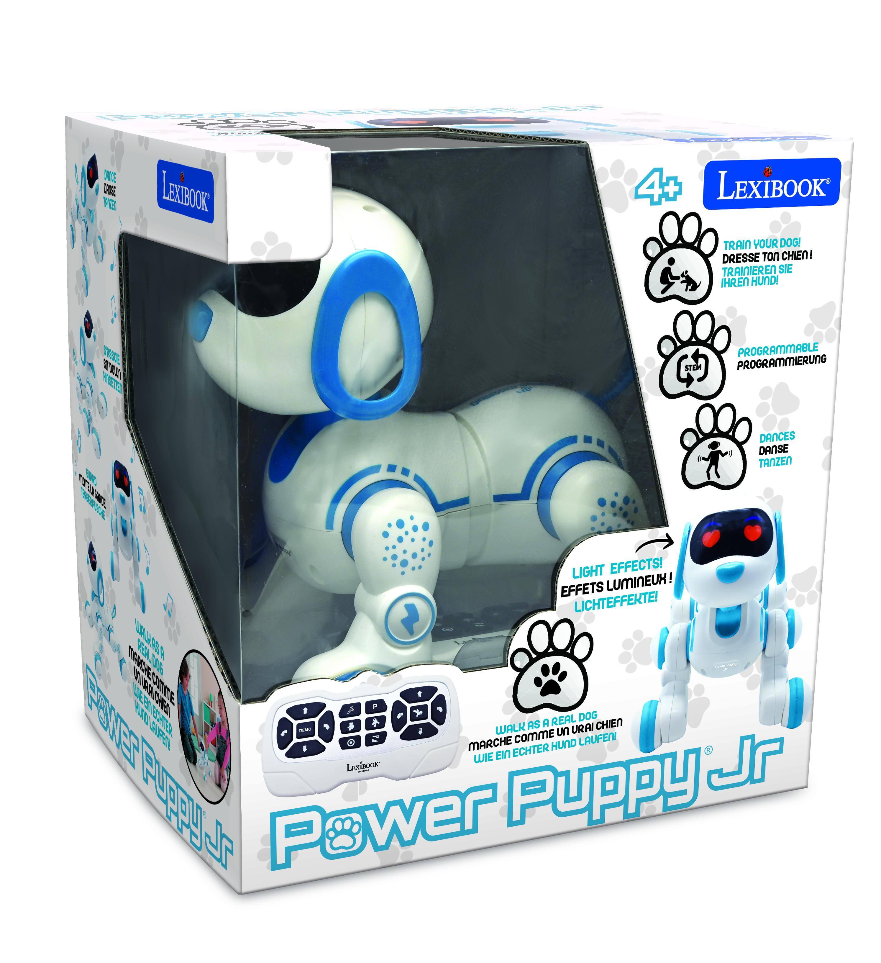LEXIBOOK 4+ LEXIBOOK TRAIN YOUR DOG DRESSE TON CHIEN! TRAINIEREN SIE IHREN HUND MIT PROGRAMMABLE PROGRAMMIERUNG 1 VA DANCES DANSE TANZEN LIGHT EFFECTS! EFFETS LUMINEUX! LICHTEFFEKTE 00 300 D DE J P PUO0 E A OER S REAL DOG, AS A CHIEN - = 4 WALK commE un URAI LAUFEN MARCHE HUND 1 ECHTER IE EIN Legoos Puppy Jr Power