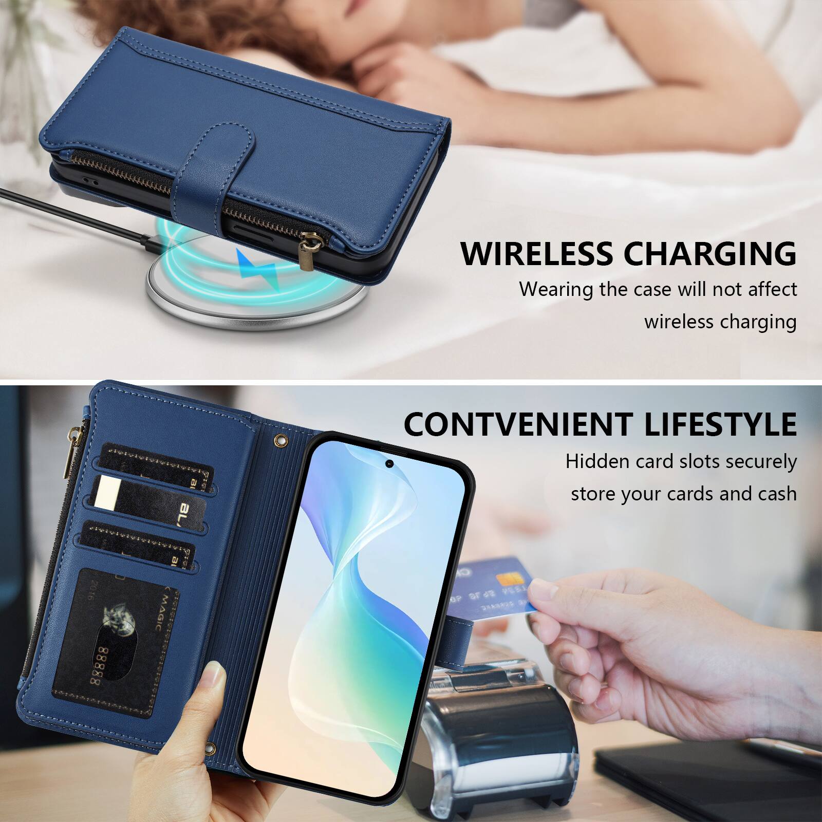 WIRELESS CHARGING  
Wearing the case will not affect wireless charging  

CONVENIENT LIFESTYLE  
Hidden card slots securely store your cards and cash