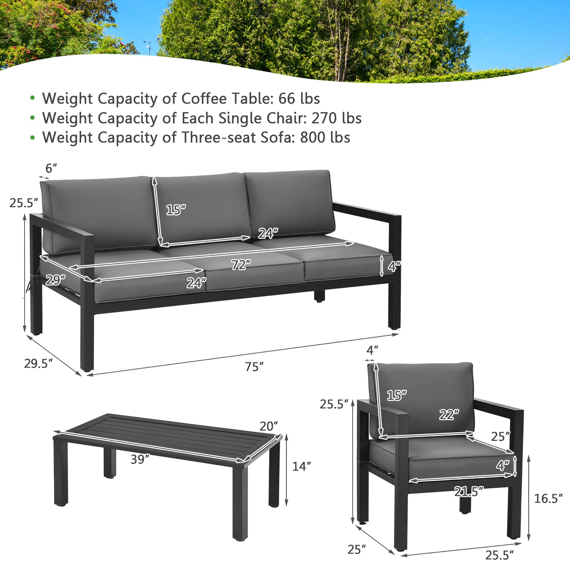 Weight Capacity of Coffee Table: 66 lbs  
Weight Capacity of Each Single Chair: 270 lbs  
Weight Capacity of Three-seat Sofa: 800 lbs  

6"  
25.5"  
15"  
24"  
29"  
24"  
72"  
4"  
29.5"  
75"  
4"  
20"  
25.5"  
15"  
22"  
25"  
39"  
14"  
4  
21.5"  
16.5"  
25"  
25.5"