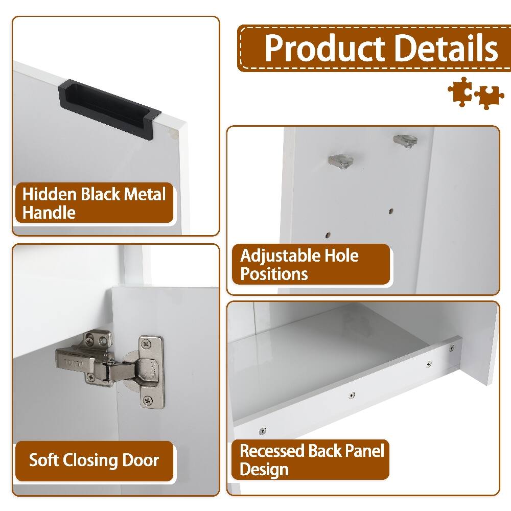 Product Details

- Hidden Black Metal Handle
- Adjustable Hole Positions
- Soft Closing Door
- Recessed Back Panel Design