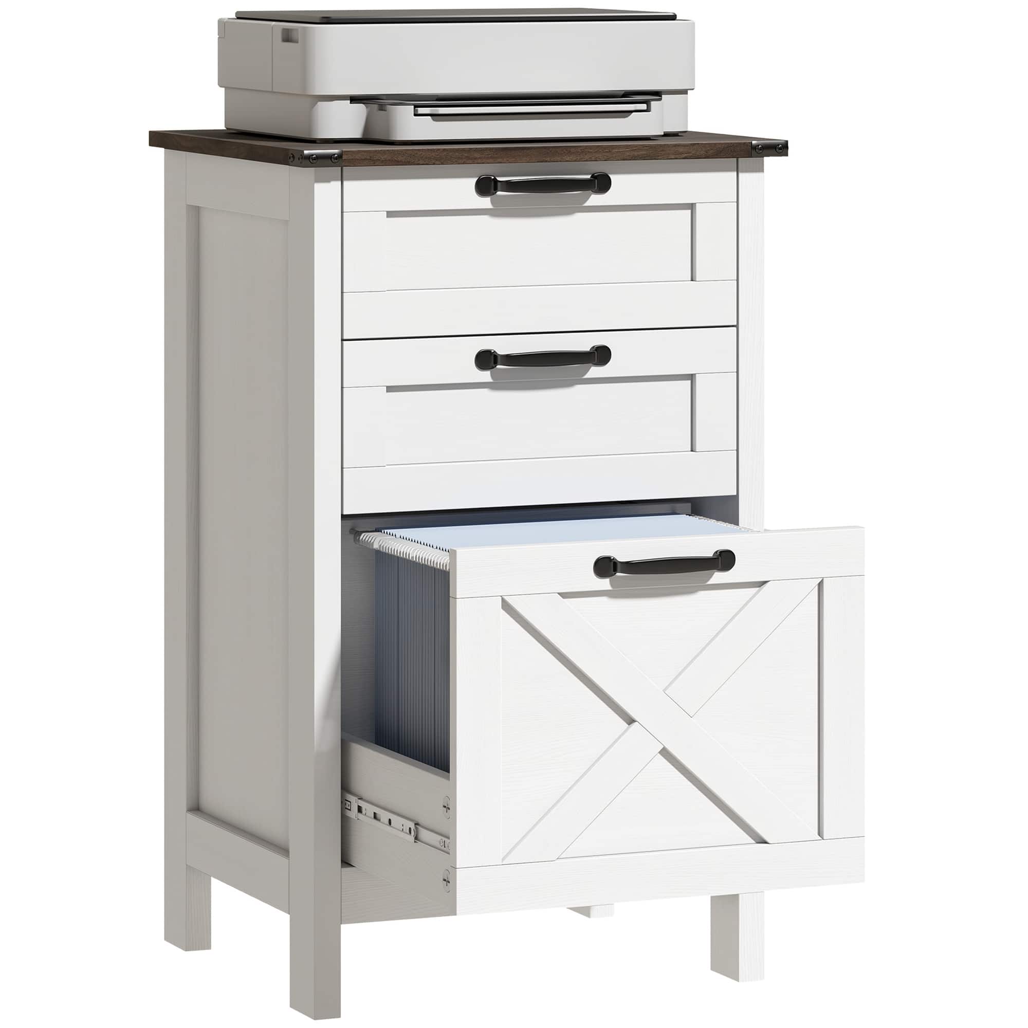 Homcom - File Cabinet with 3 Drawers, Rustic Farmhouse Office Storage Cabinet for A4, Letter Size - White