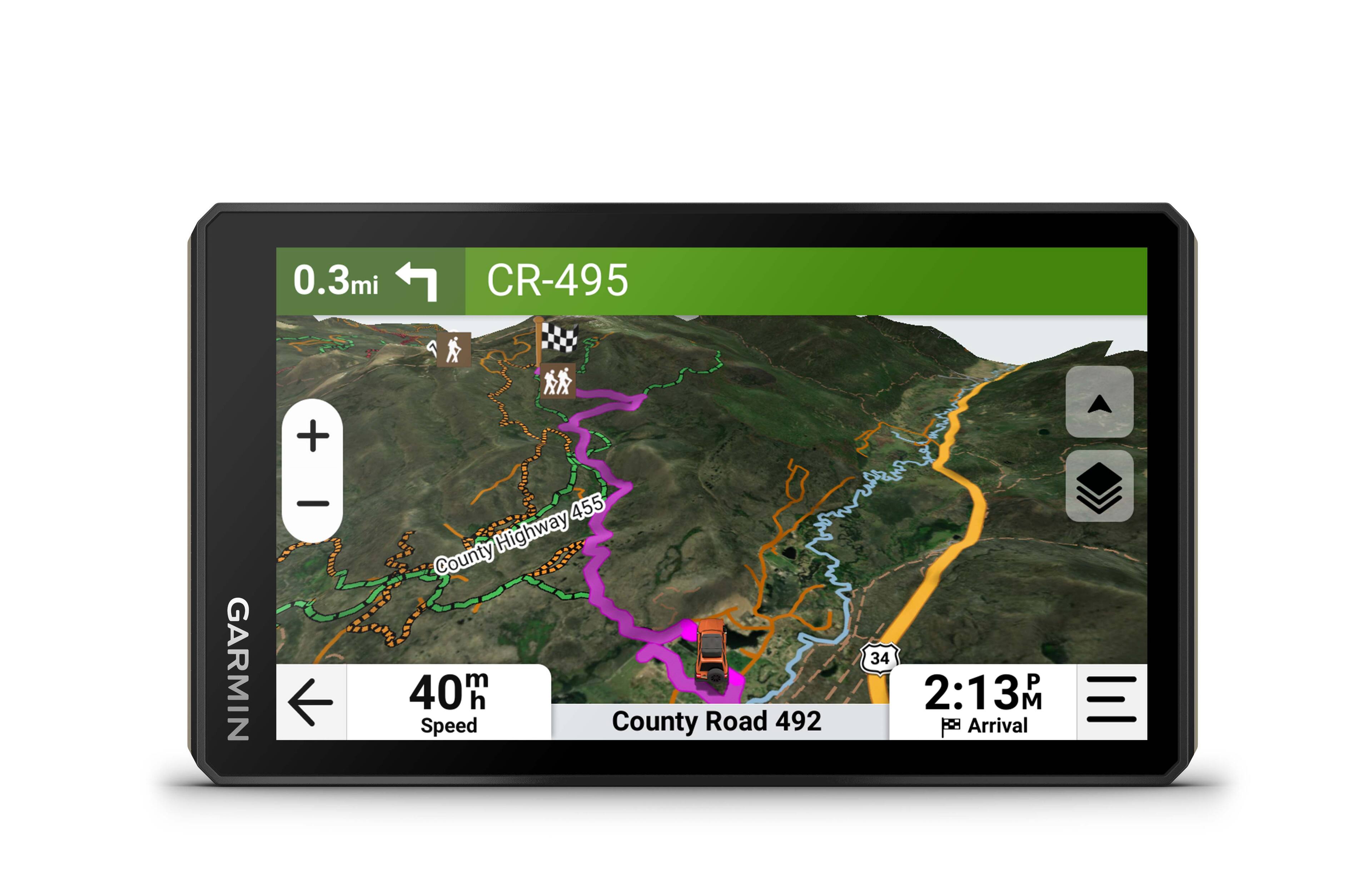 The text on the image says "0.3mi CR-495 + Garmin 455 Highway County Road 492 34 P 2:13 F Arrival." This text is grouped and corrected as follows:

"0.3mi CR-495 + Garmin 455 Highway County Road 492 34 P 2:13 F Arrival."

The text is grouped as follows:
- "0.3mi CR-495 + Garmin 455 Highway County Road 492 34 P 2:13 F Arrival."

The corrected text is:
- "0.3mi CR-495 + Garmin 455 Highway County Road 492 34 P 2:13 F Arrival."