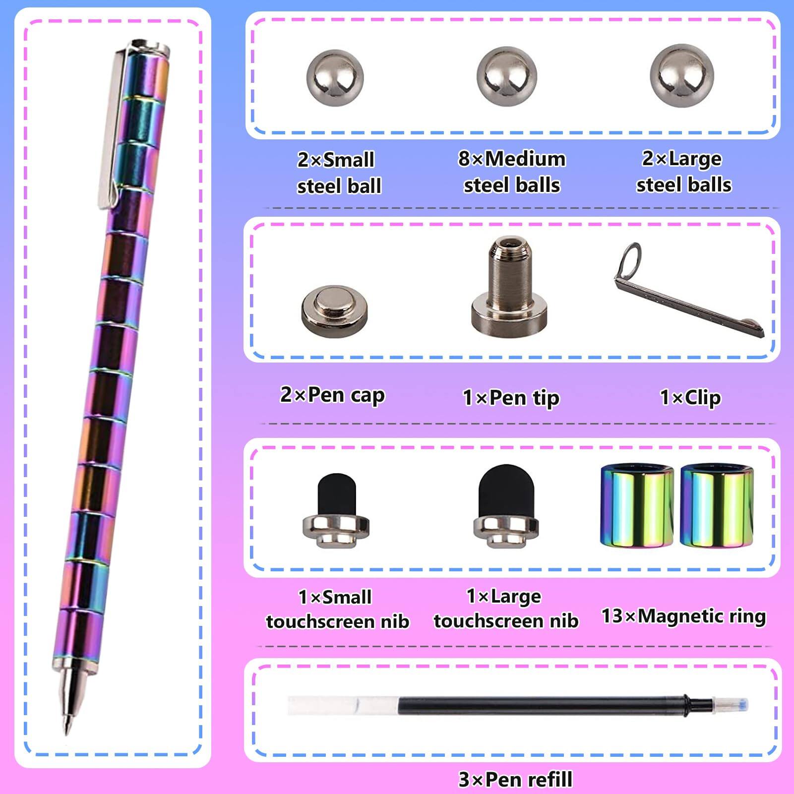 2x Small steel ball  
8x Medium steel balls  
2x Large steel balls  

2x Pen cap  
1x Pen tip  
1x Clip  

1x Small touchscreen nib  
1x Large touchscreen nib  
13x Magnetic ring  

3x Pen refill