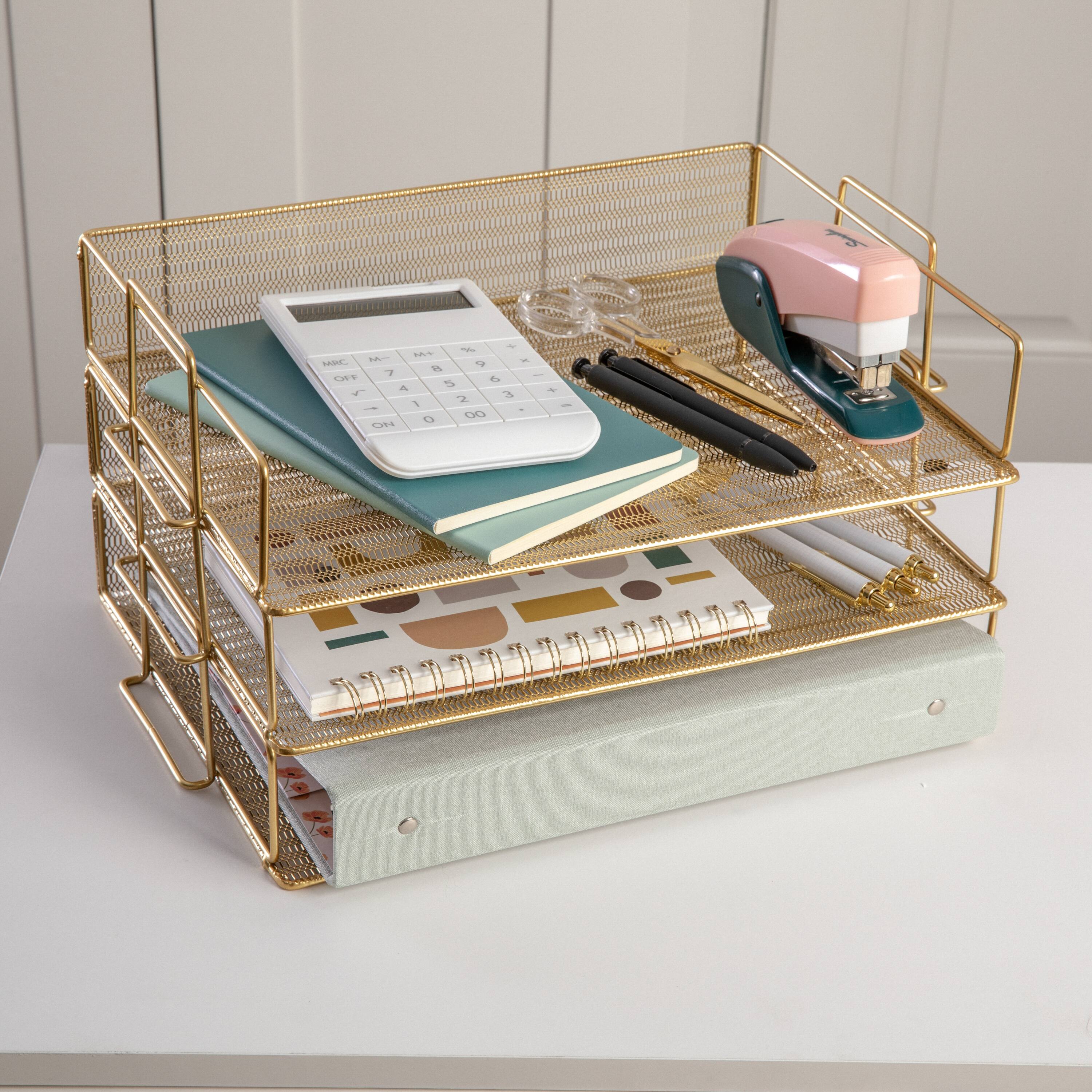 Alt View 11. Martha Stewart - Ryder Steel Mesh 3 Tier Stackable Desktop Organizer - Gold.