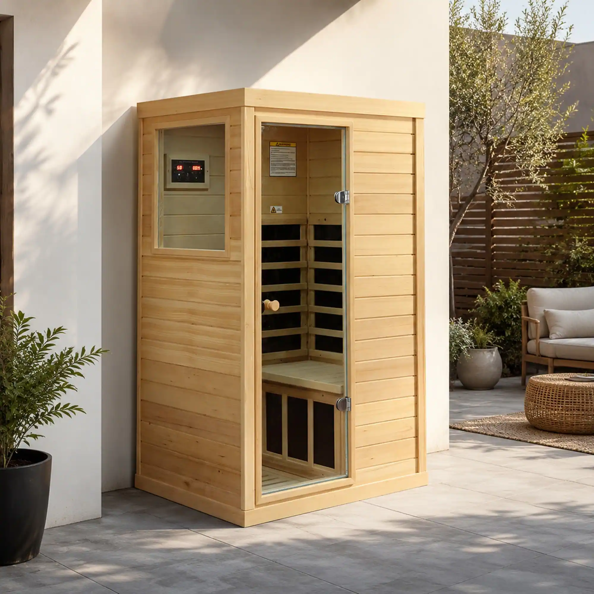 Left. RYHNUYNE - One Person Far Infrared Sauna, Canadian Hemlock Wood, Left-Hinged Door, Indoor Home Spa, 6 Heating Panels, Bluetooth - Natural Wood.