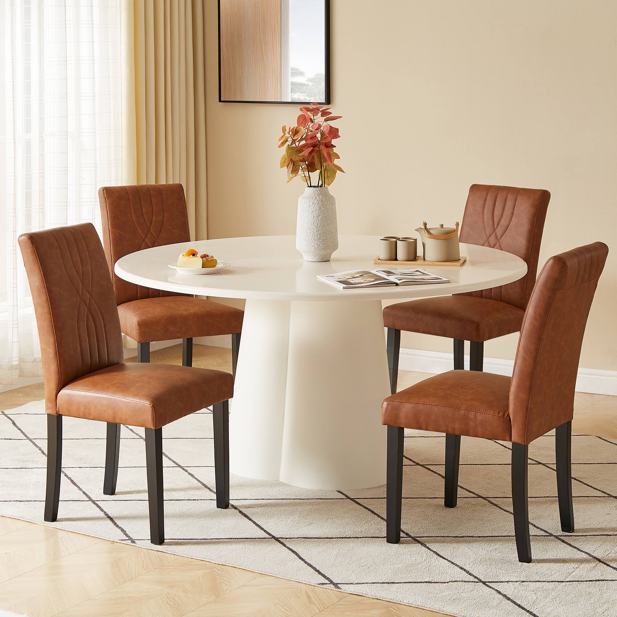 Alt View 5. Vecelo - Set of 4 Upholstered Dining Chairs, Modern Linen Fabric Chair & High Back for Kitchen/Living Room - Brown.