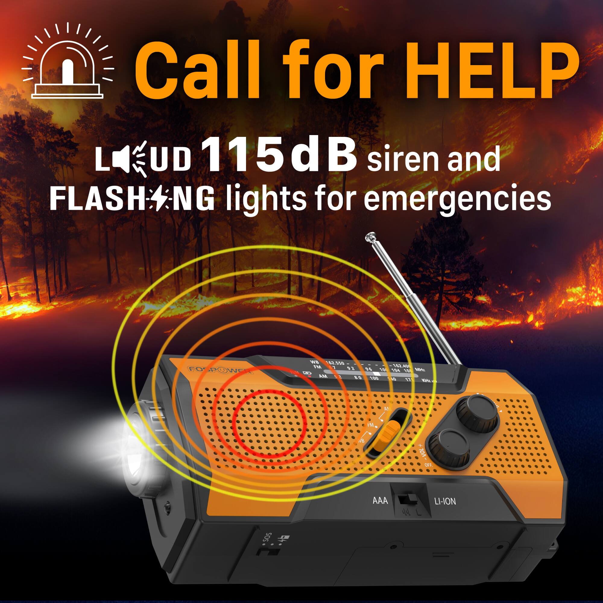Call for HELP  
LUD 115dB siren and FLASH NG lights for emergencies  
WE 12050 Vds IM MALAN M S1 1% - Fs W S M S Ve - 1 -t M D - C M on AAA HL LI-ION 50S