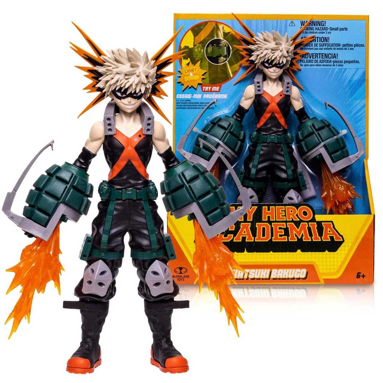 LIGHT & SOUND TRY ME ESSRIE-MOI PRUEBAME  
WARNING! CHOKING HAZARD-Small parts hidden - CHOKING HAZARD - petites pièces.  
ADVERTENCIA! PELIGRO DE ASFIXIA - piezas pequeñas.  
MY HERO ACADEMIA  
KATSUKI BAKUGO  
6+