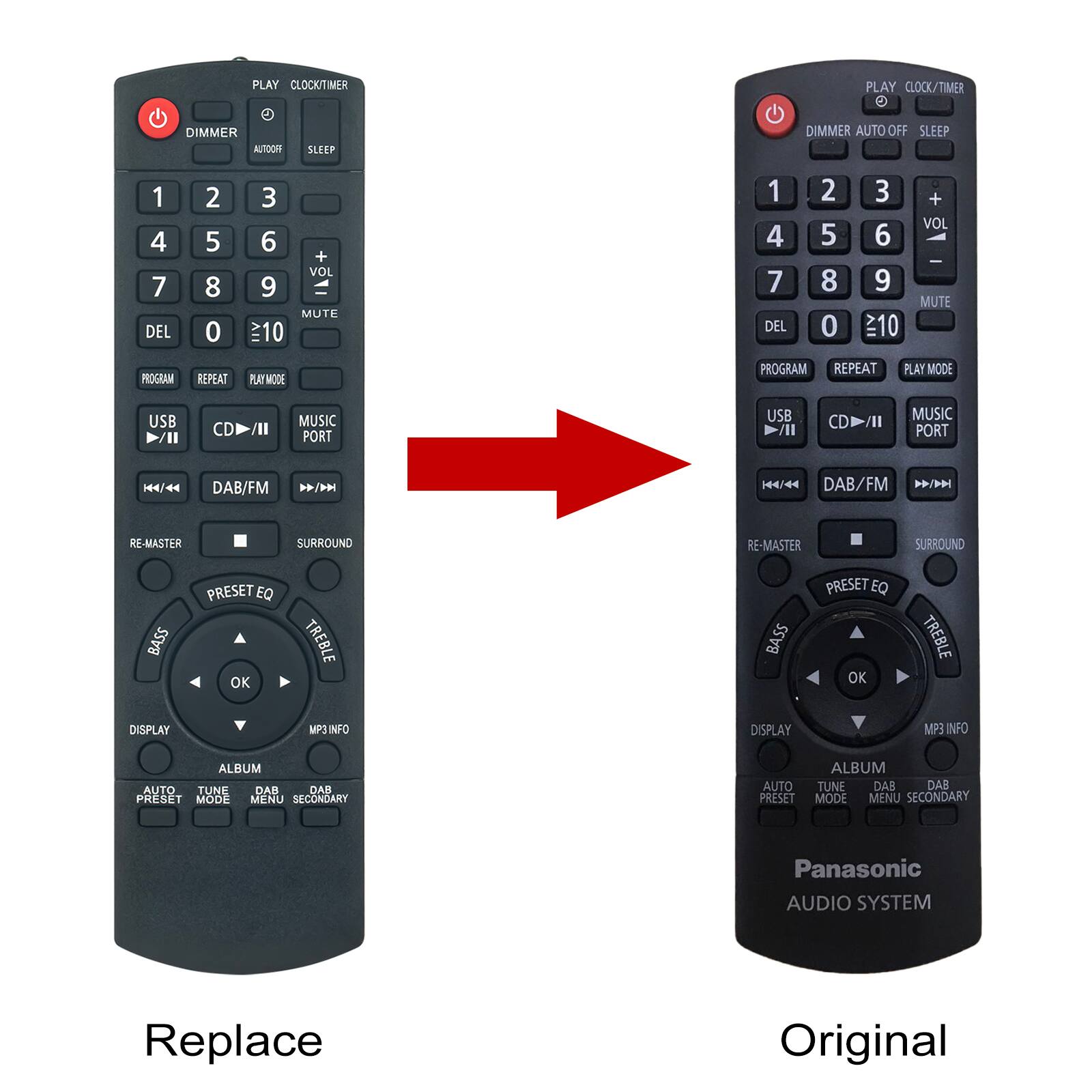 **Replace:**

- PLAY CLOCK/TIMER
- DIMMER AUTO OFF SLEEP
- 1 2 3
- 4 5 6
- 7 8 9
- DEL 0 10
- PROGRAM REPEAT PLAY MODE
- USB CD/II MUSIC PORT
- DAB/FM
- RE-MASTER SURROUND
- BASS PRESET EQ OK TREBLE
- DISPLAY MP3 INFO
- ALBUM AUTO TUNE DAB DAB PRESET MODE MENU SECONDARY

**Original:**

- PLAY CLOCK/TIMER
- DIMMER AUTO OFF SLEEP
- 1 2 3
- 4 5 6
- 7 8 9
- DEL 0 10
- PROGRAM REPEAT PLAY MODE
- USB CD/II MUSIC PORT
- DAB/FM
- RE-MASTER SURROUND
- BASS PRESET EQ OK TREBLE
- DISPLAY MP3 INFO
- ALBUM AUTO TUNE DAB DAB PRESET MODE MENU SECONDARY

**Panasonic AUDIO SYSTEM**