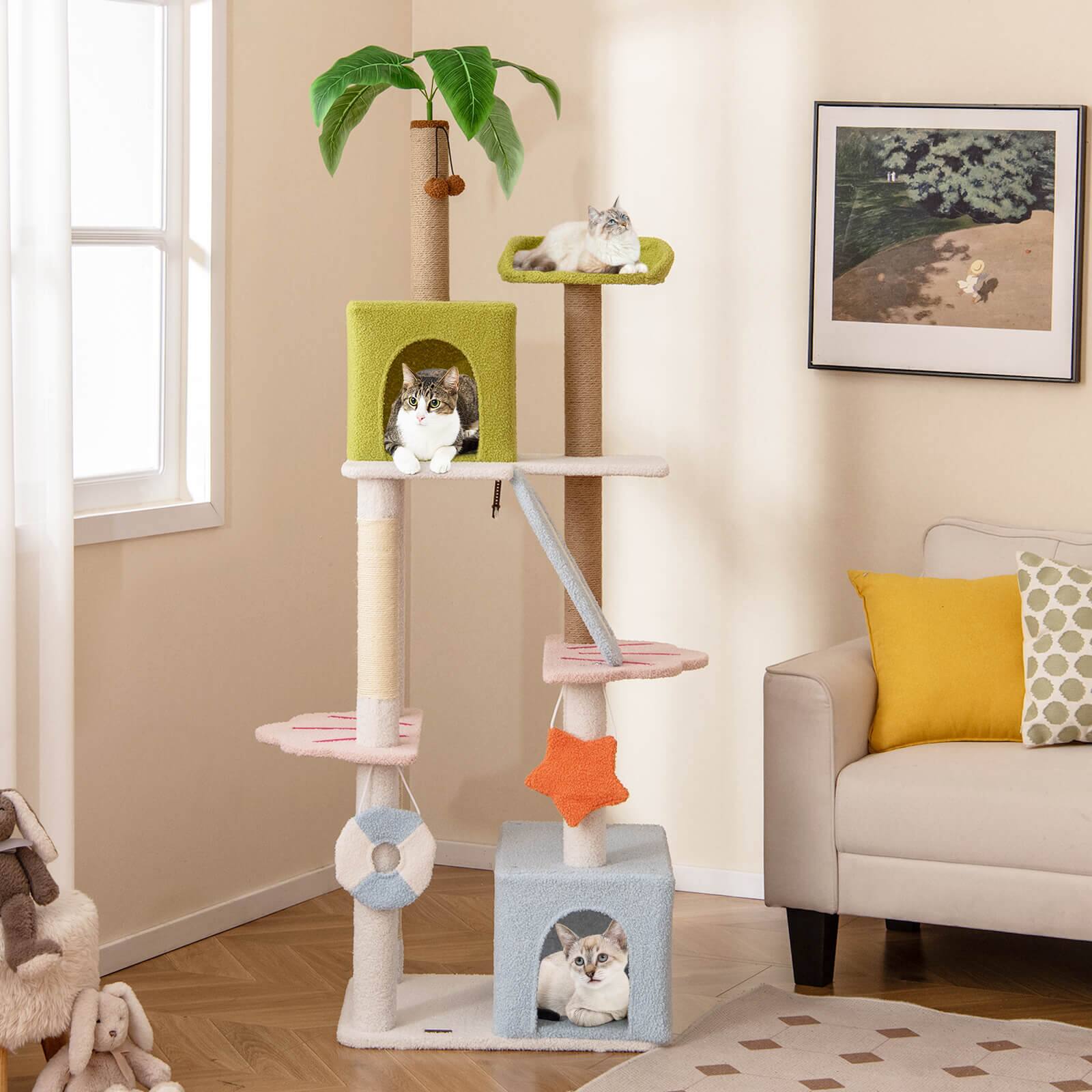 Alt View 1. Costway - Costway 71" Tall Cat Tree Multi-Level Aesthetic Beach-Themed Cat Tower w/ Jute Scratching Posts - Green,Blue,White.