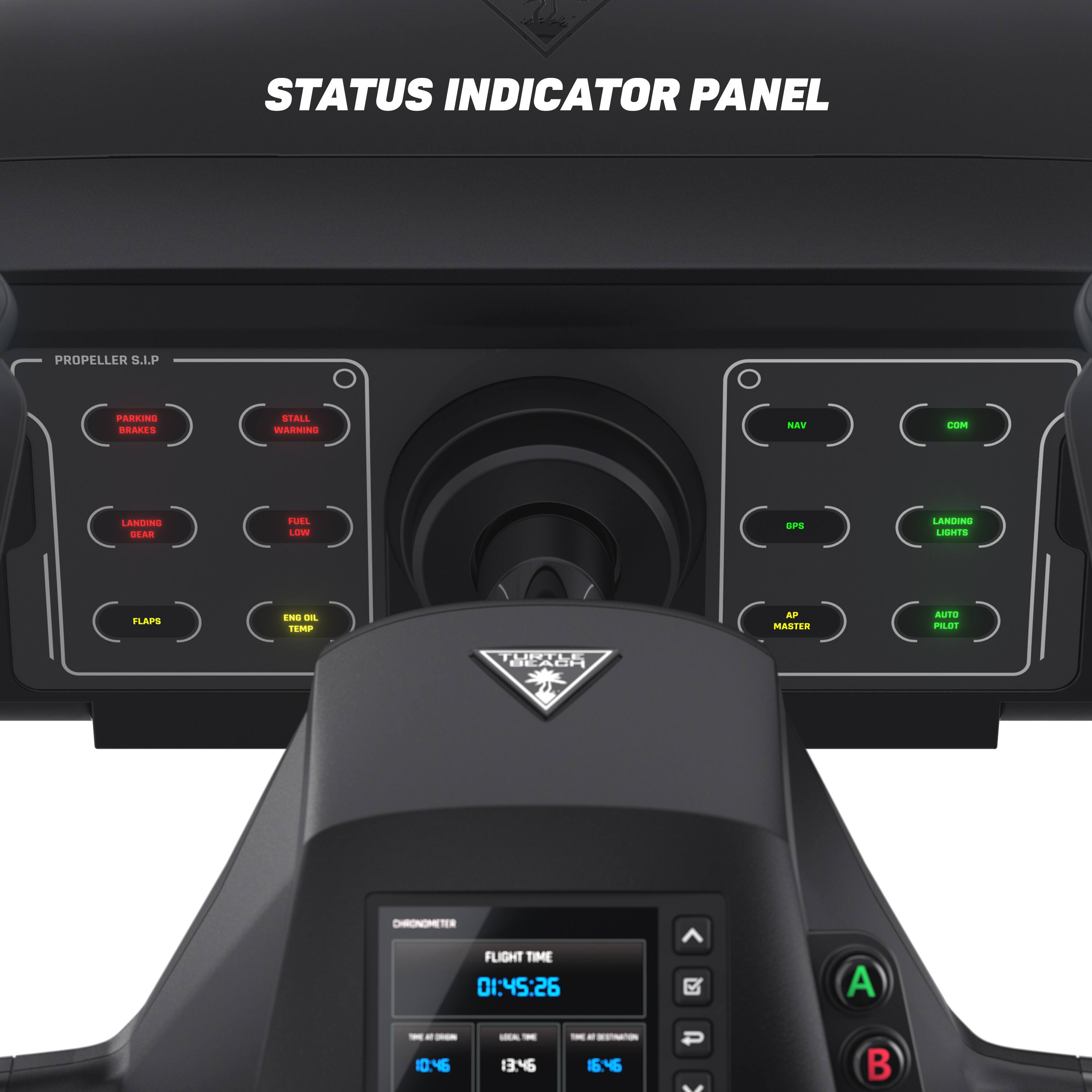 STATUS INDICATOR PANEL PROPELLER S.L.P. PARKING GIARIS MIALL WARRINU NAV CA LANDING DEAR FUEL A OPS LANDING LIGHTS FLAPS LN - FEMP NP MASTER AUTO PILOT ITL BEACH CECA CHEONOMETER FLIGHT TIME 01:45:26