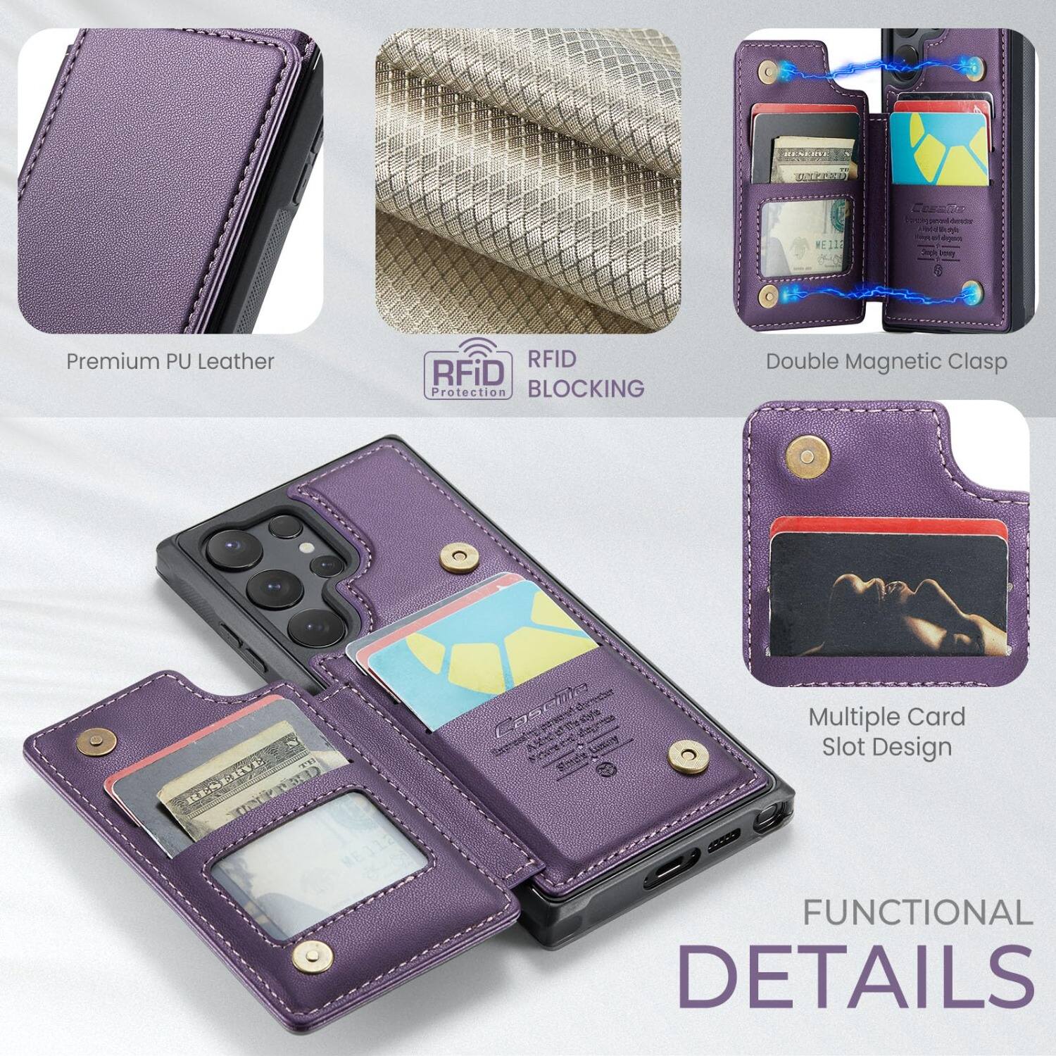 RENERIE  
UNITED  
MEDIE  
Premium PU Leather  
RFID Protection BLOCKING  
Double Magnetic Clasp  
ILL RESERVE  
Cascilla character Multiple Card Slot Design  
FUNCTIONAL DETAILS