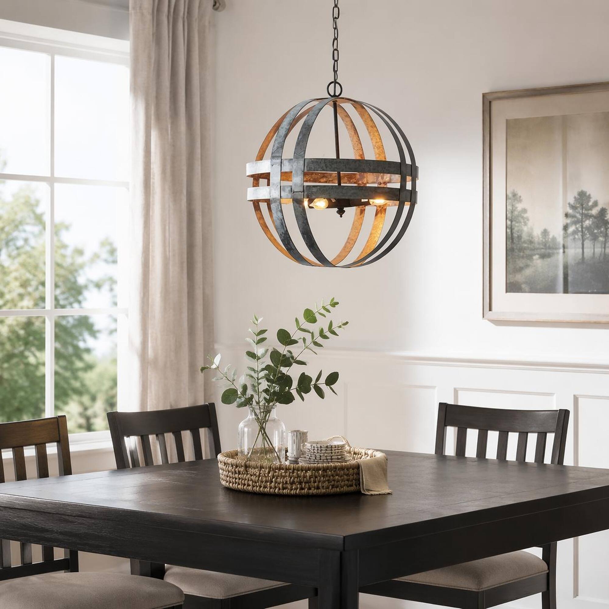 Angle. RYHNUYNE - Industrial Globe Pendant Light, 4-Light Metal Cage Chandelier, Farmhouse Hanging Light for Dining Room Kitchen - Gray.