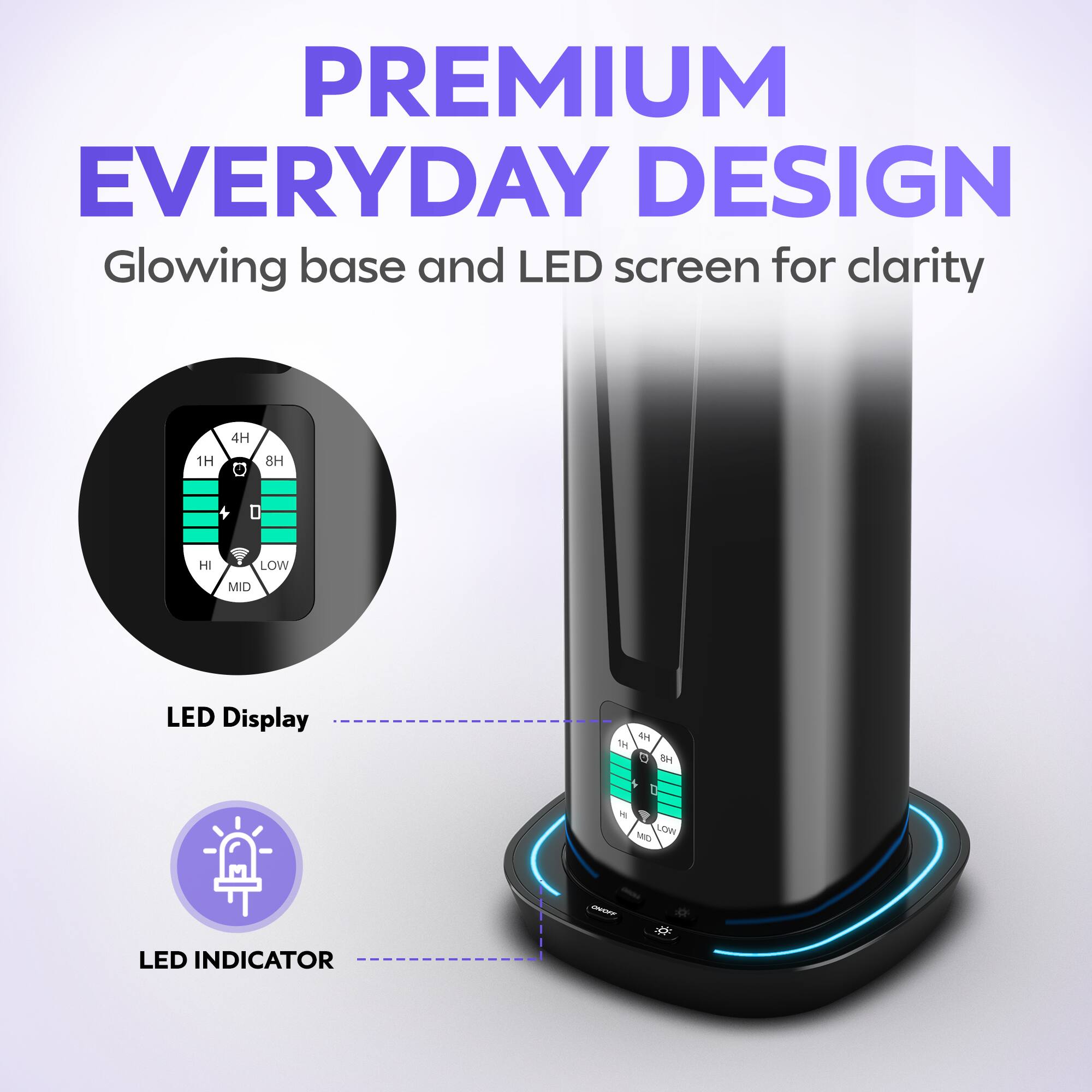 PREMIUM EVERYDAY DESIGN  
Glowing base and LED screen for clarity  

LED Display  
LED INDICATOR