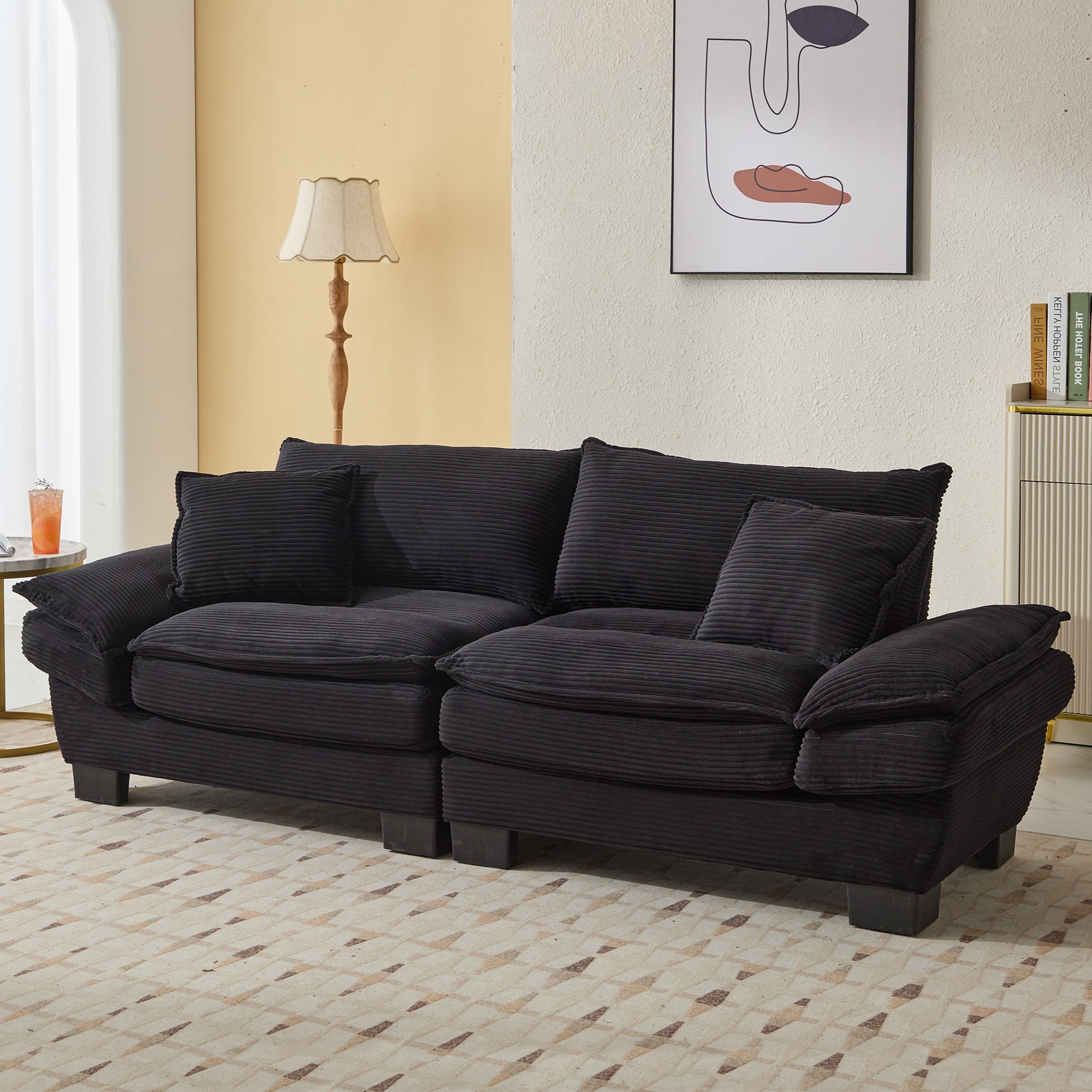 Tiramisubest - Corduroy Couch Loveseat Sofa with Pillows,Comfy Upholstered Deep Seat Sofa for Bedroom,Living Room,Office-Black - Black